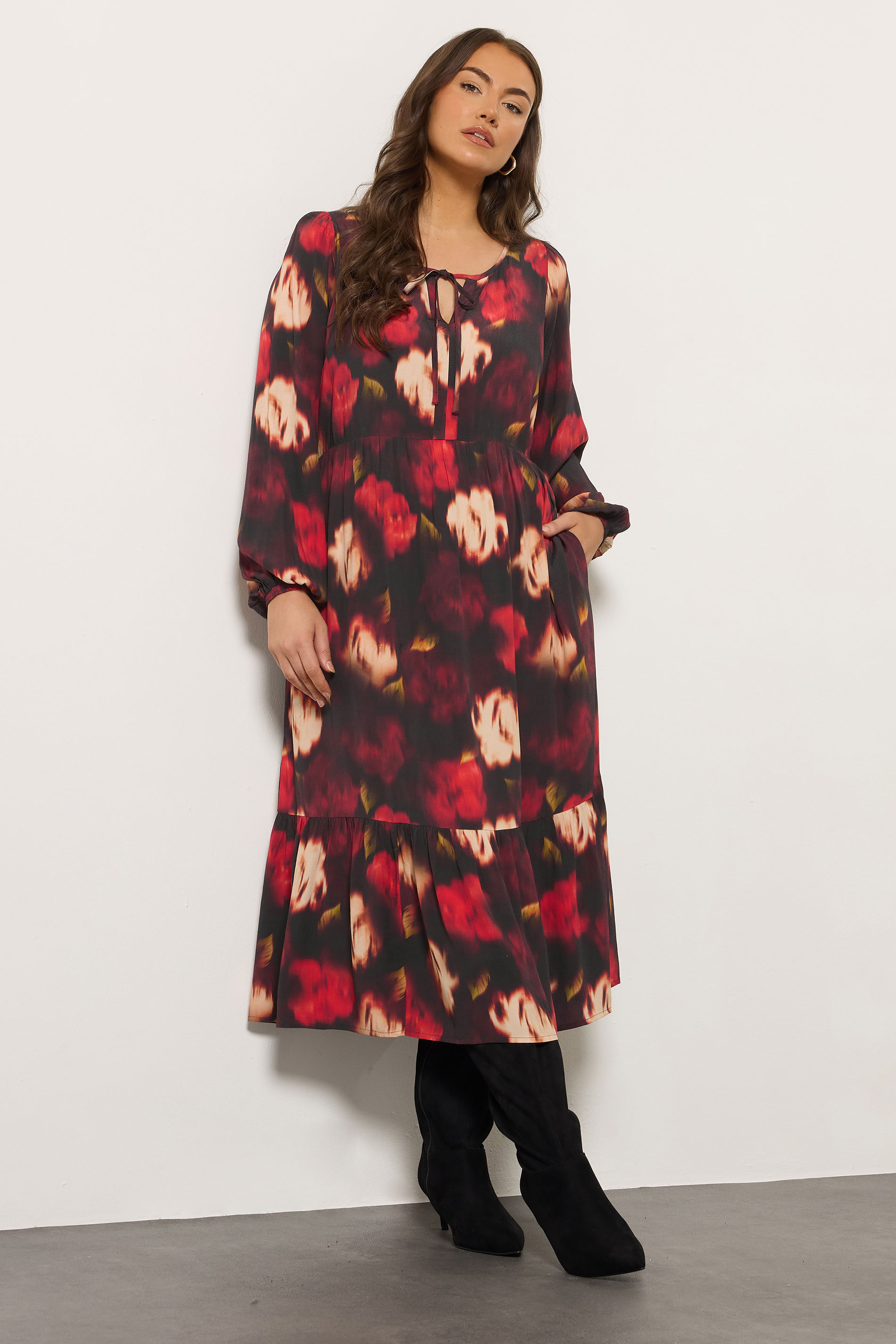 EVANS Plus Size Red Blurred Floral Tie Neck Tiered Dress | Evans 1