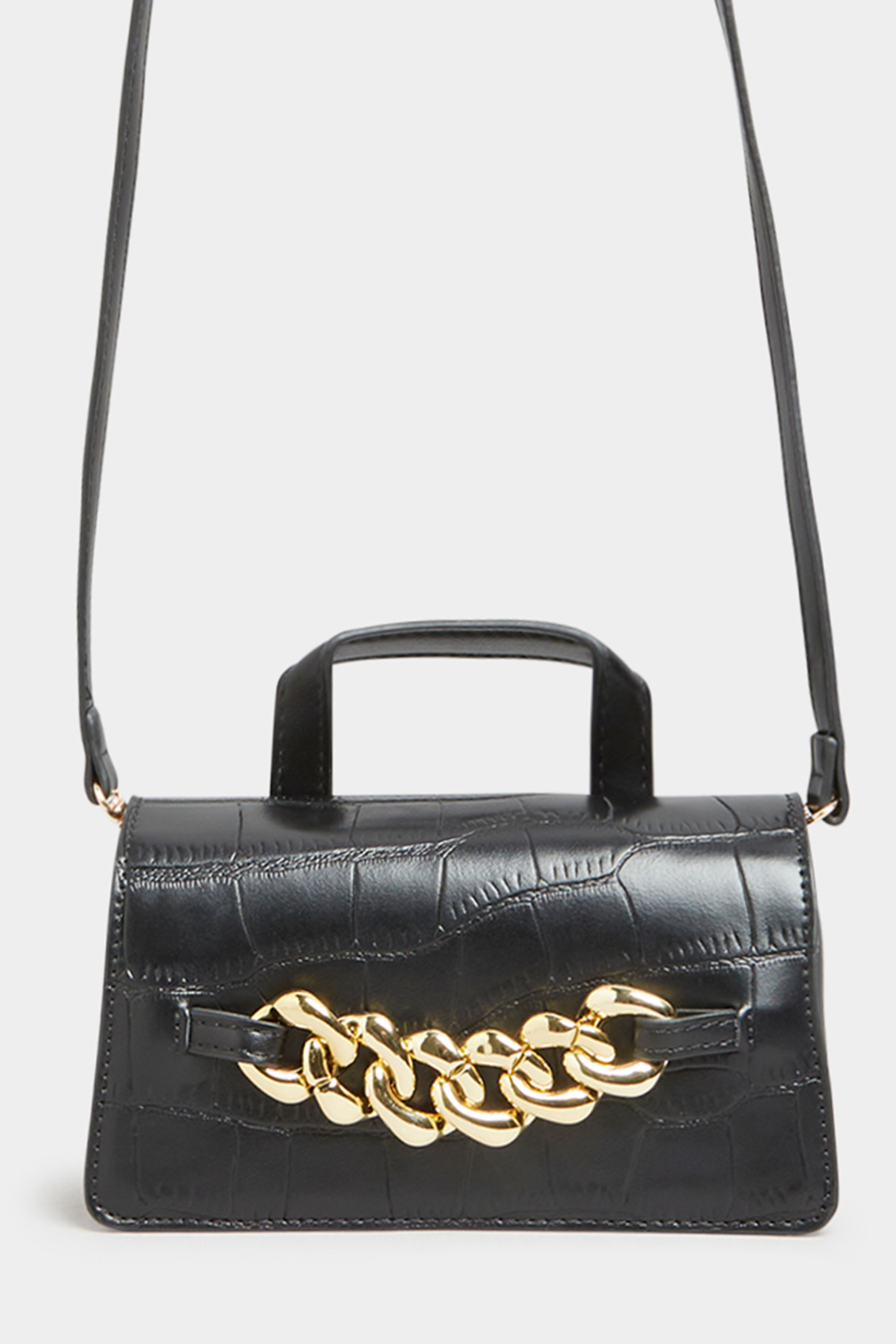 Plus Size Black Croc & Gold Chain Mini Bag  | Yours Clothing 2