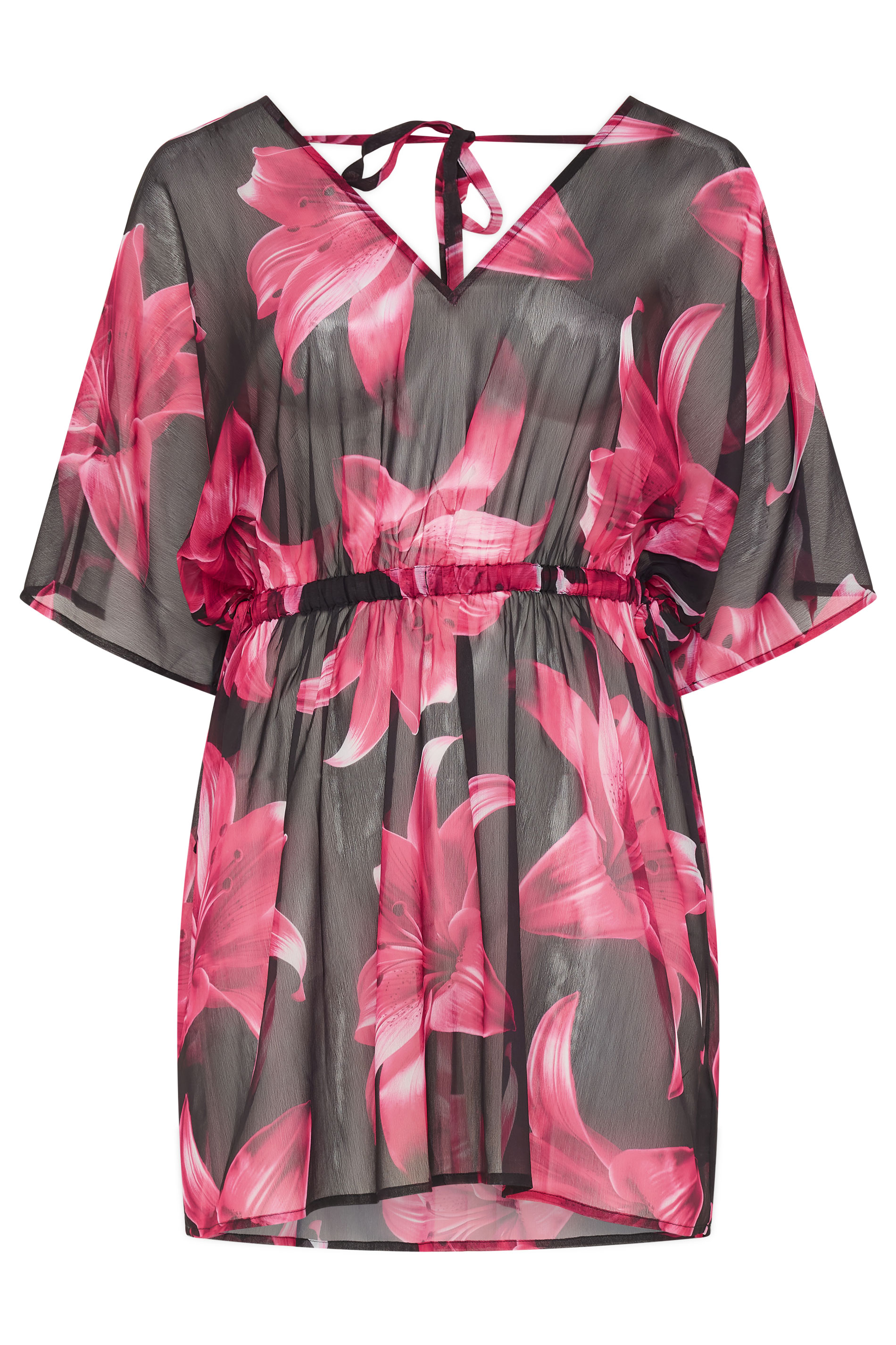 YOURS Plus Size Black & Pink Mesh Flower Print Beach Kaftan | Yours Clothing 5