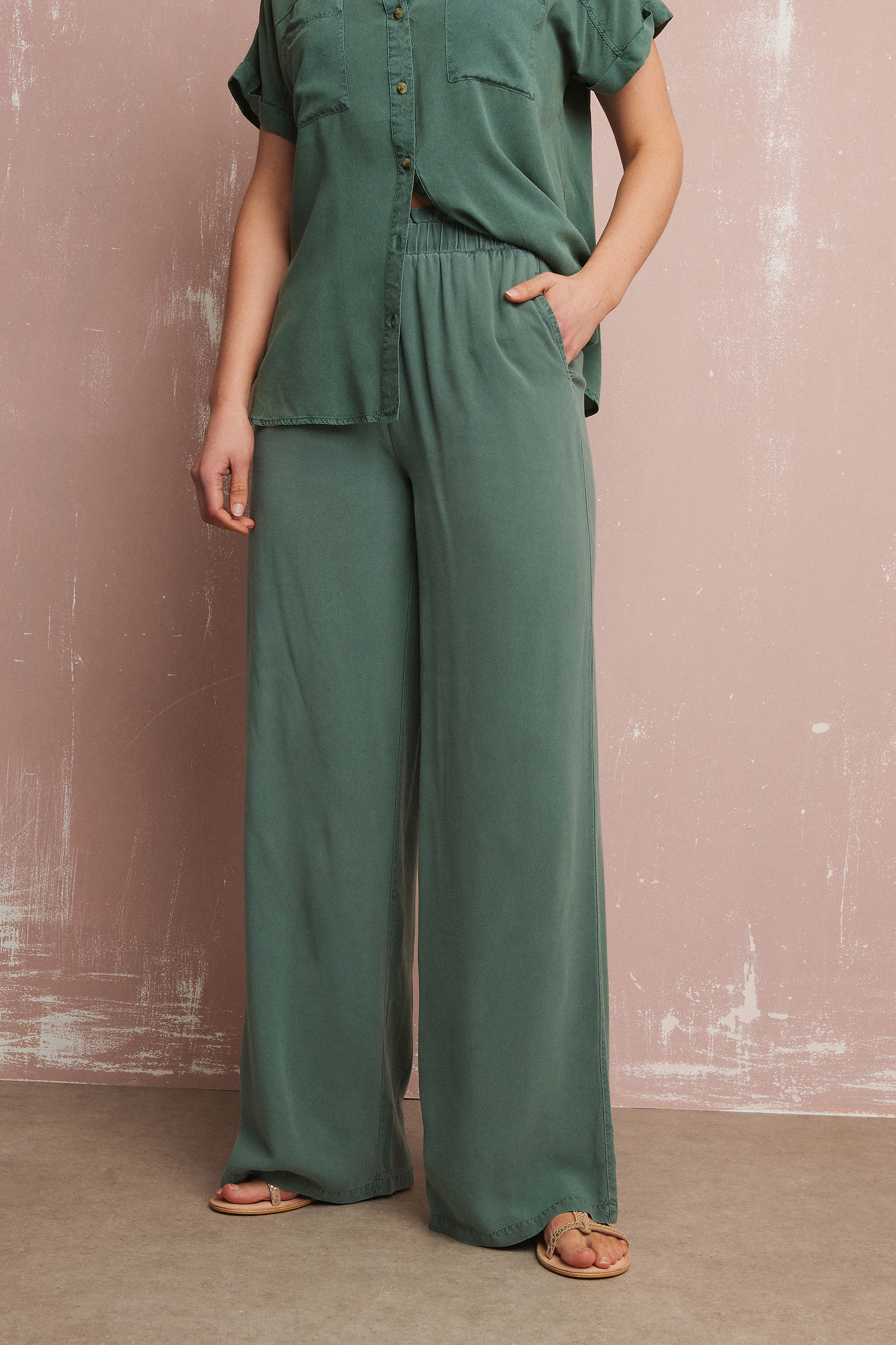 LTS Tall Khaki Green Acid Wash Wide Leg Trousers | Long Tall Sally 2
