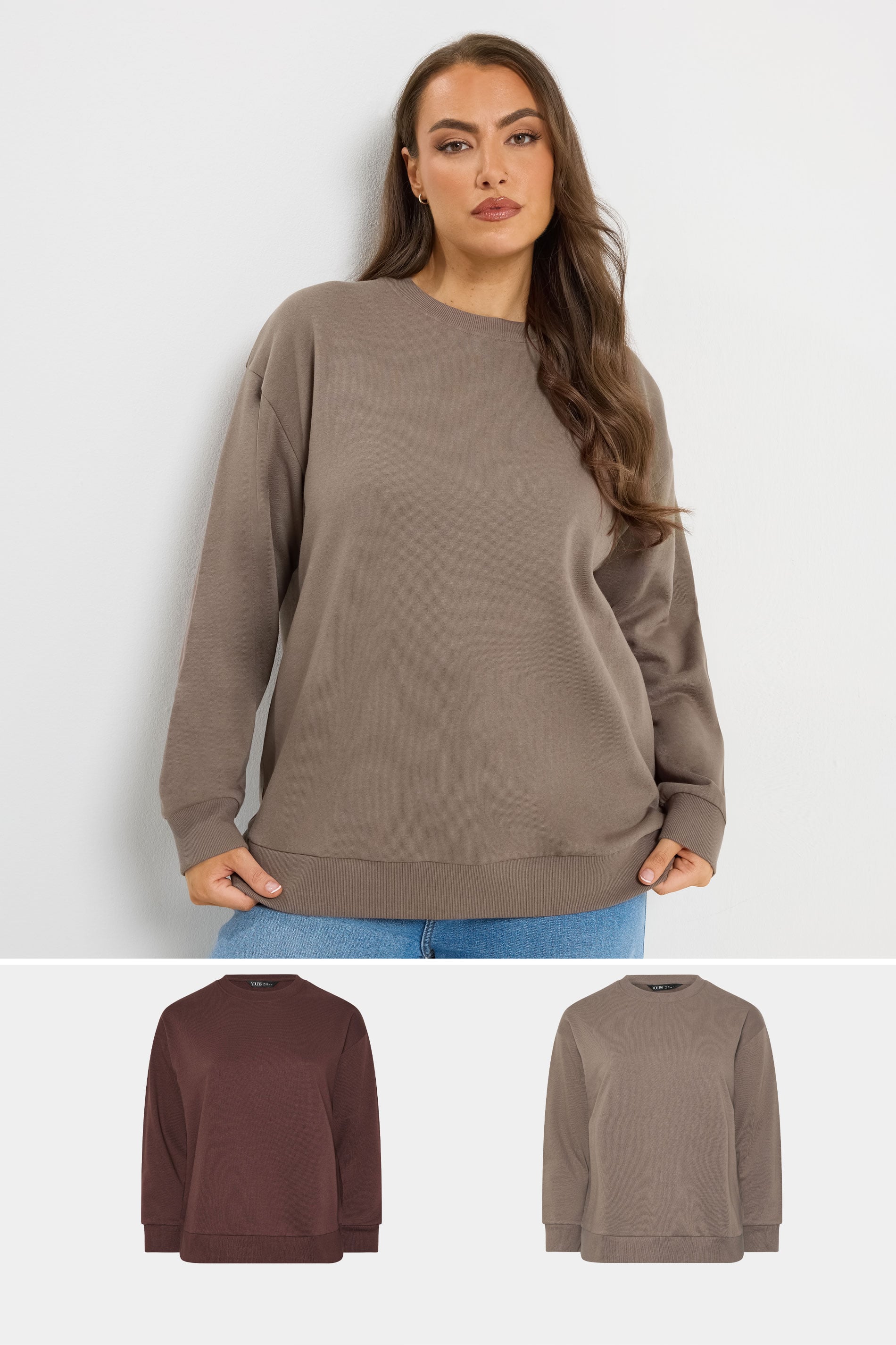 YOURSET Plus Size 2 PACK Chocolate Brown & Mocha Brown Sweatshirts | Yours Clothing 1
