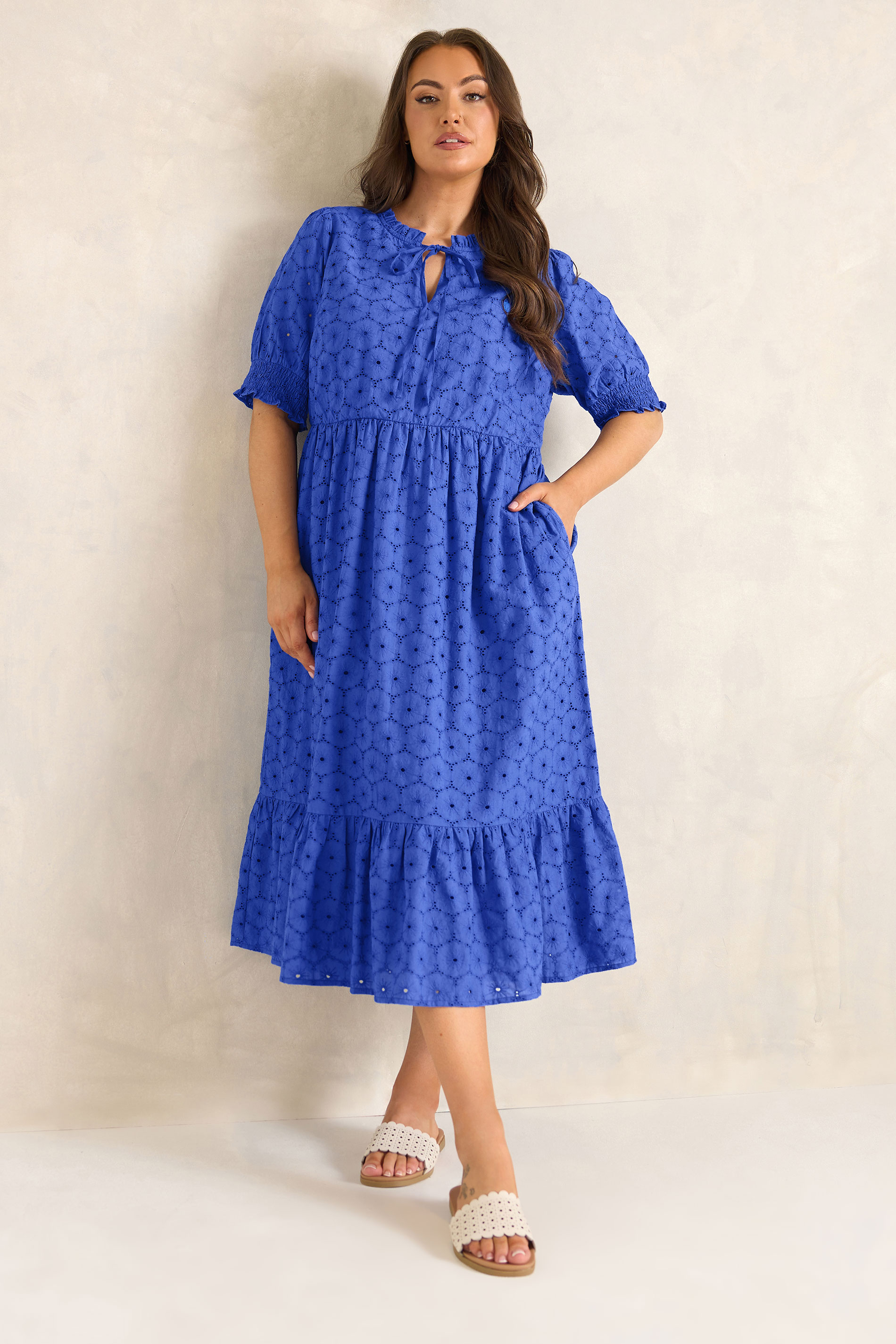 EVANS Plus Size Blue Tie Neck Broderie Cotton Maxi Dress | Evans 3