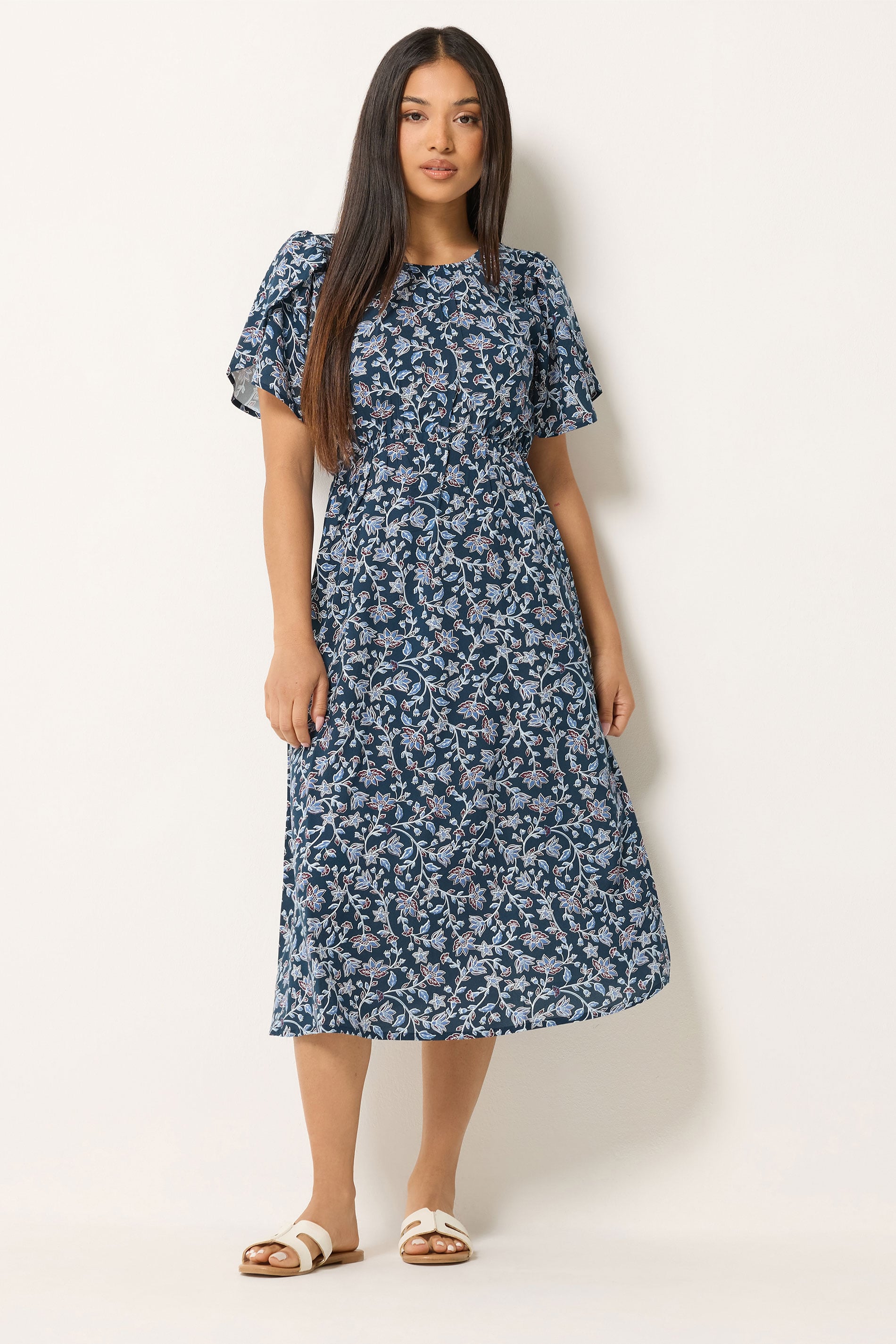 M&Co Petite Blue Floral Print Tulip Sleeve Dress | M&Co 1