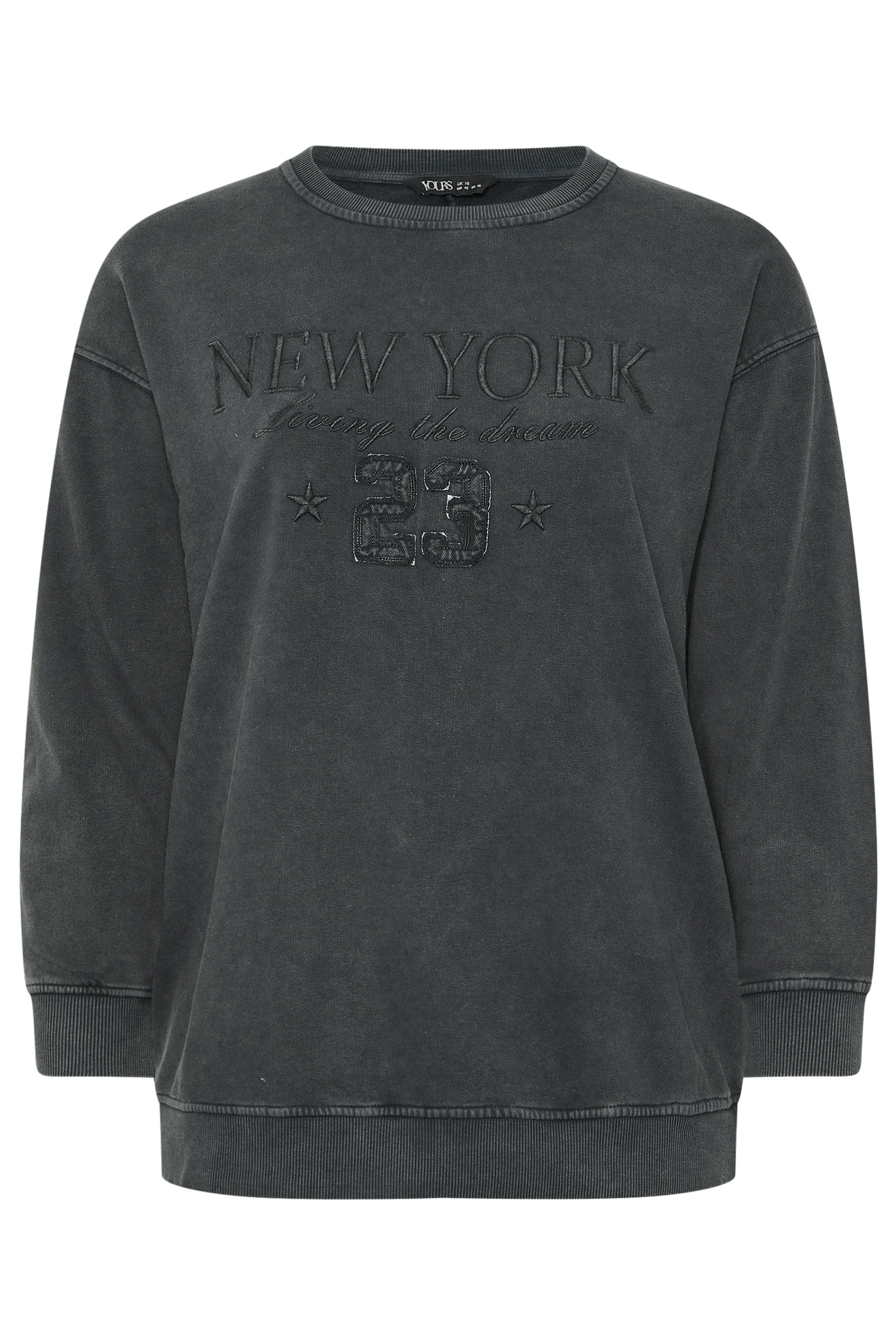 YOURS Plus Size Charcoal Grey 'New York' Embroidered Slogan Sweatshirt 5