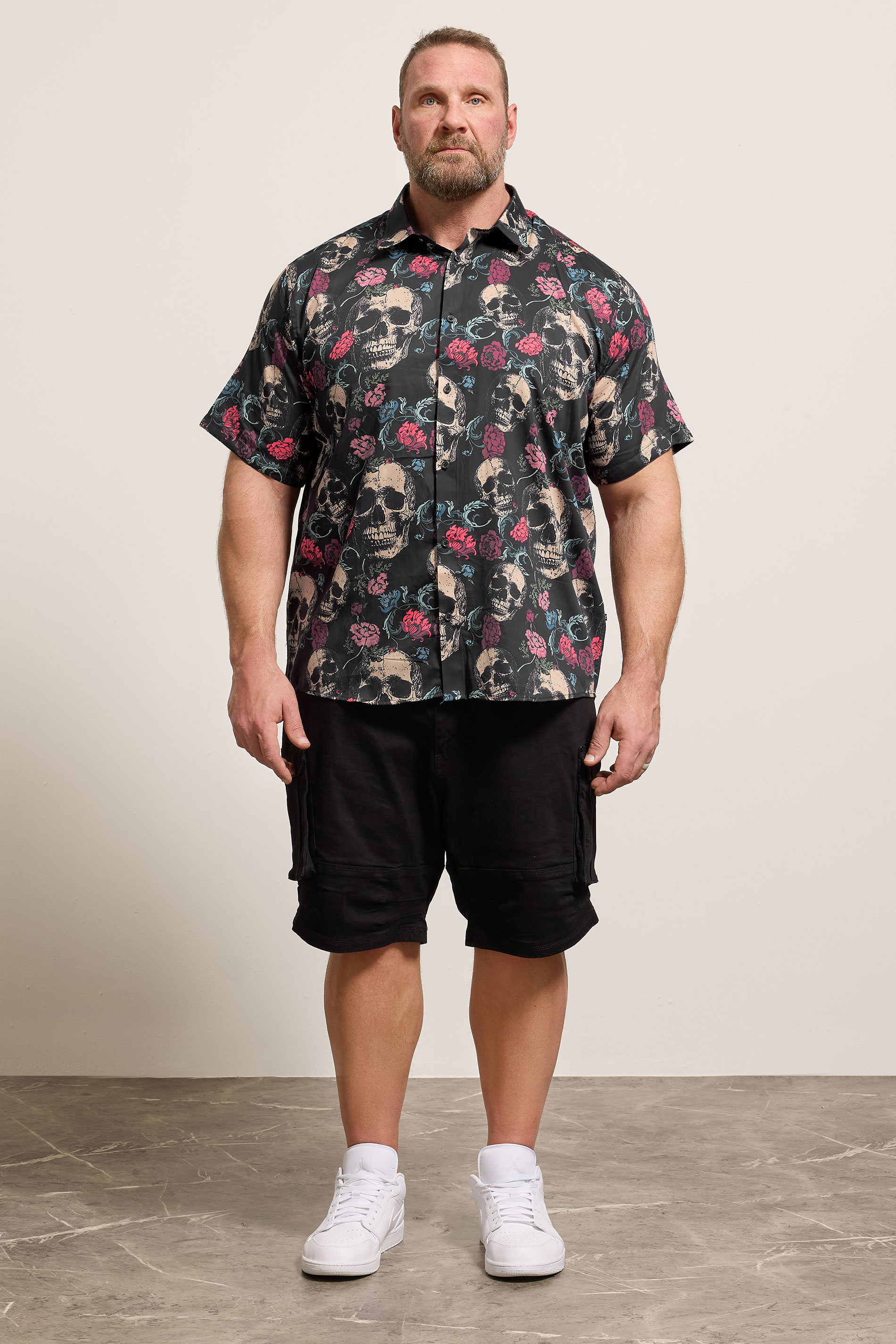 KAM Big & Tall Black Floral Skull Print Shirt | BadRhino 1