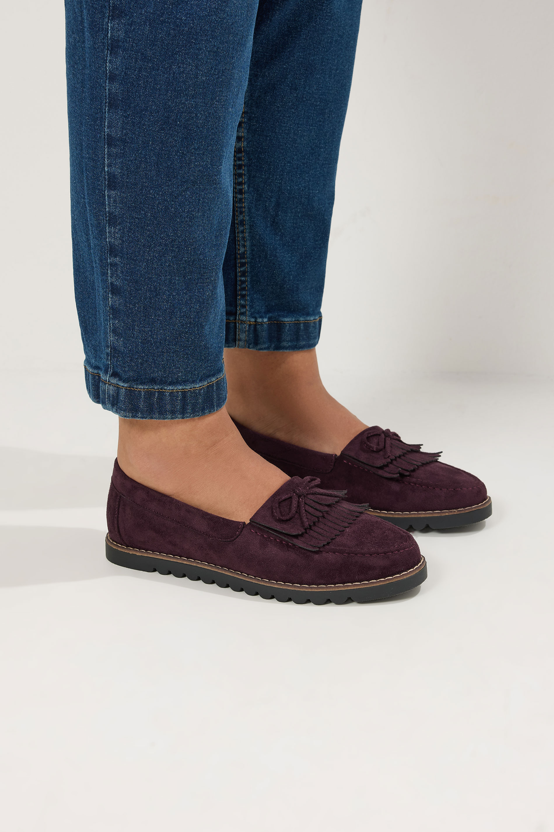Burgundy Red Faux Suede Fringe Loafers In Wide E Fit | Yours Clothing 3