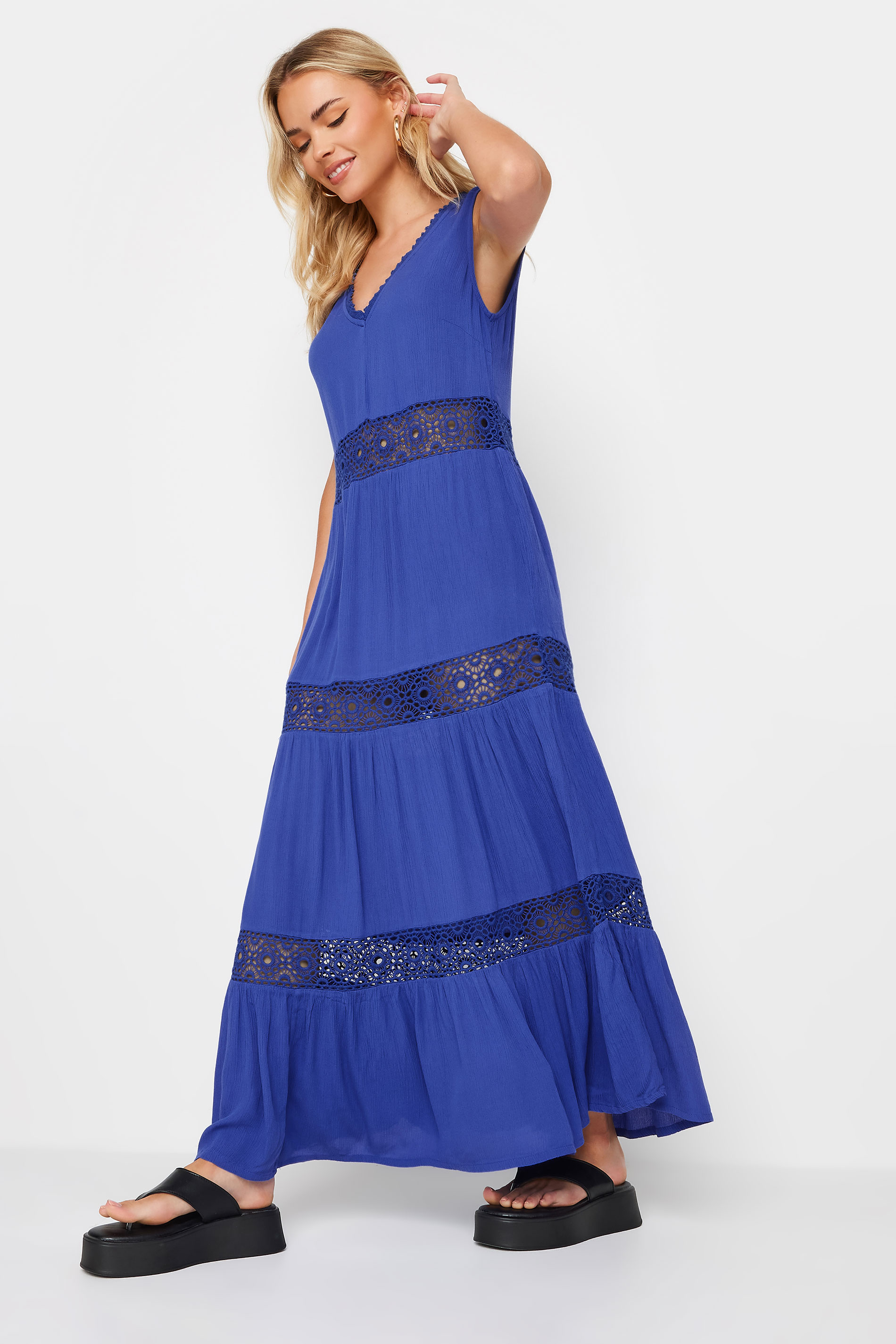 PixieGirl Petite Women's Blue Crochet Trim Tiered Cotton Maxi Dress | PixieGirl 1