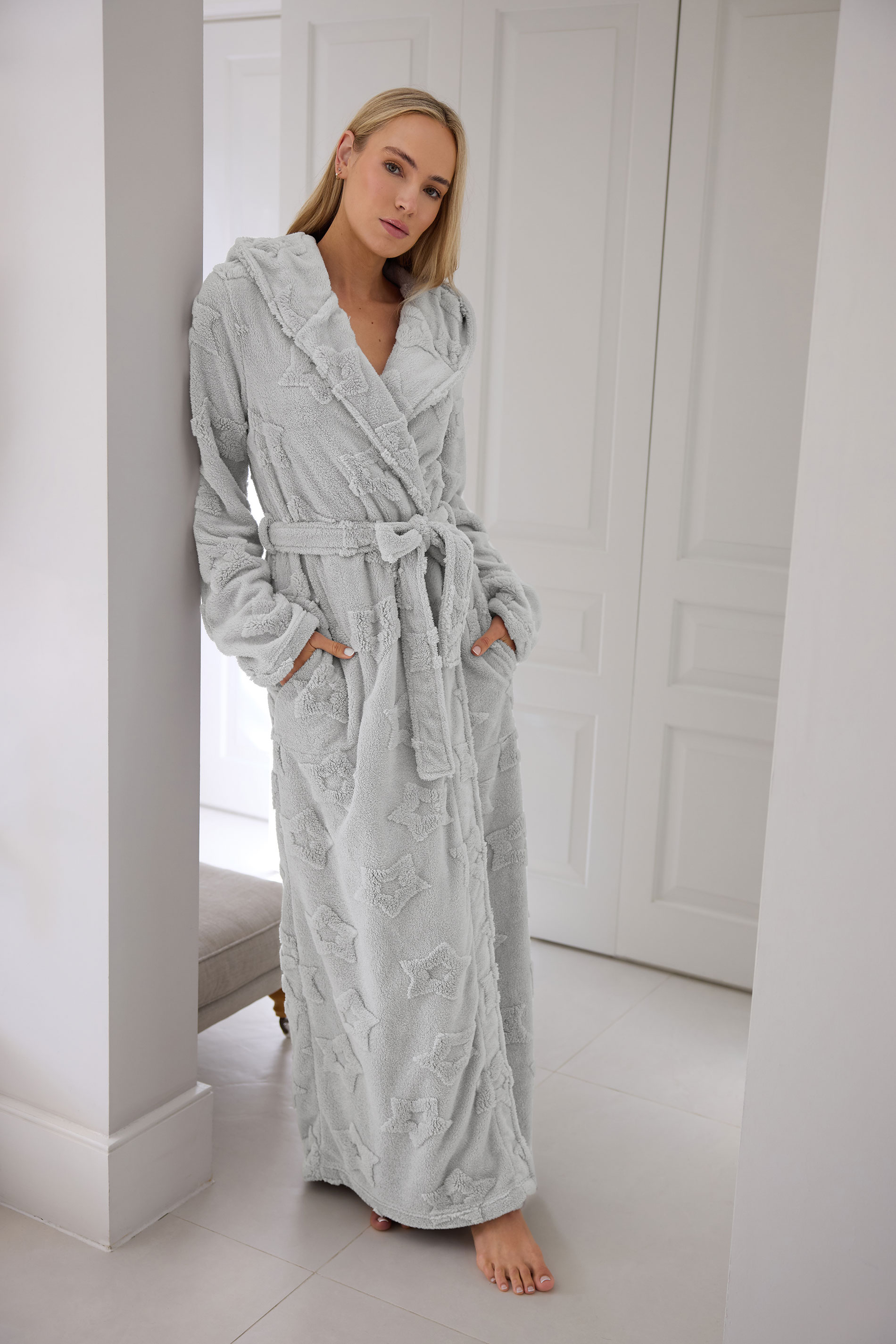 LTS Tall Light Grey Star Embossed Dressing Gown | Long Tall Sally 3