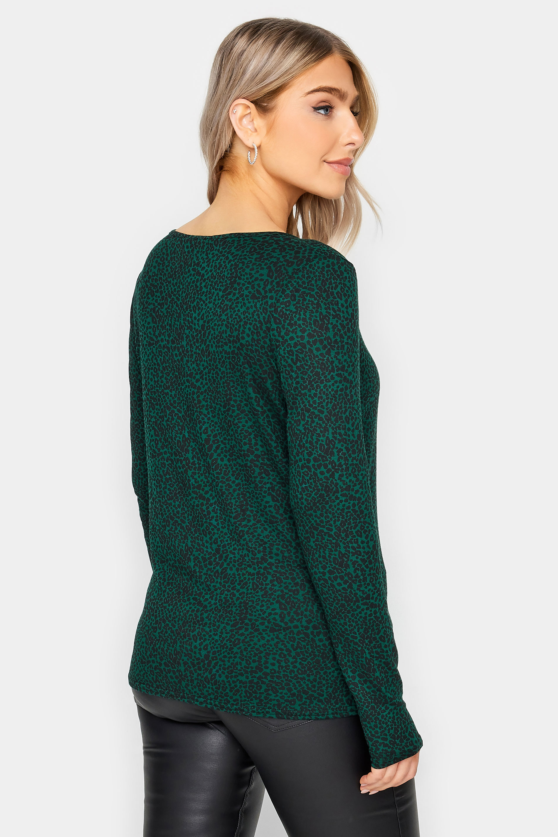 M&Co Dark Green Animal Print Notch Neck Long Sleeve T-Shirt | M&Co 3