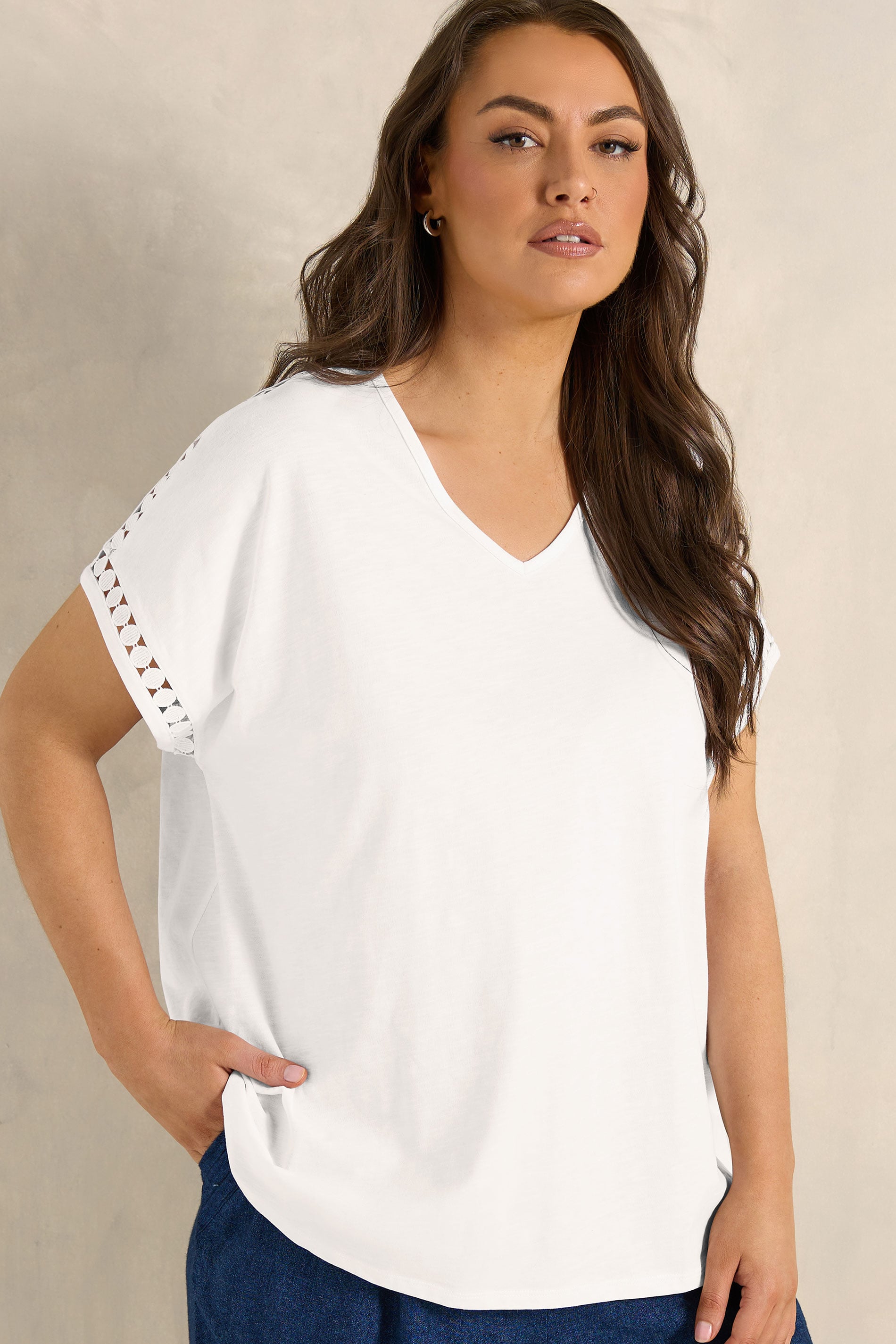 EVANS Plus Size White Crochet Trim Cotton V Neck T-Shirt | Evans 3