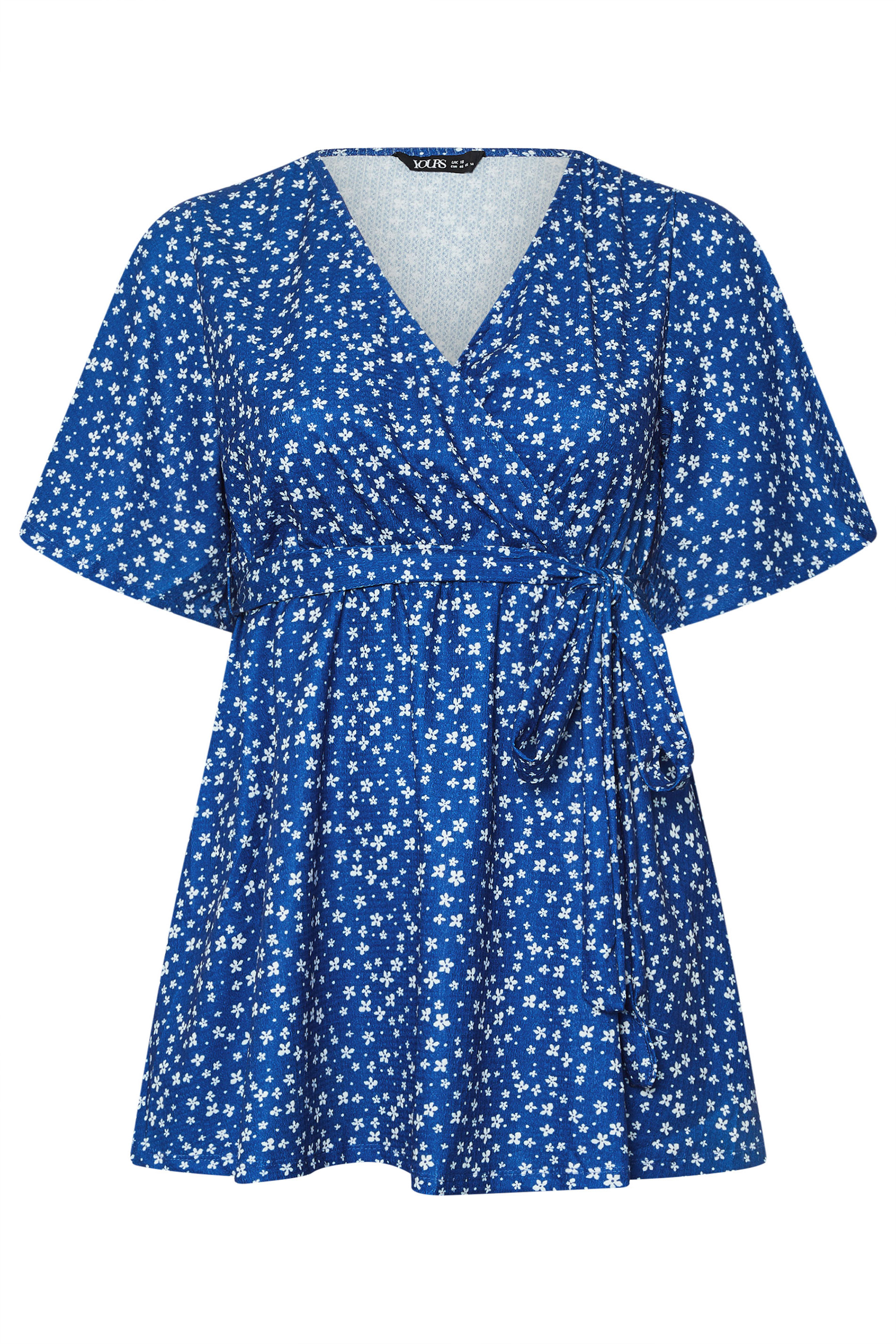 YOURS Plus Size Blue Ditsy Floral Print Wrap Top | Yours Clothing 5