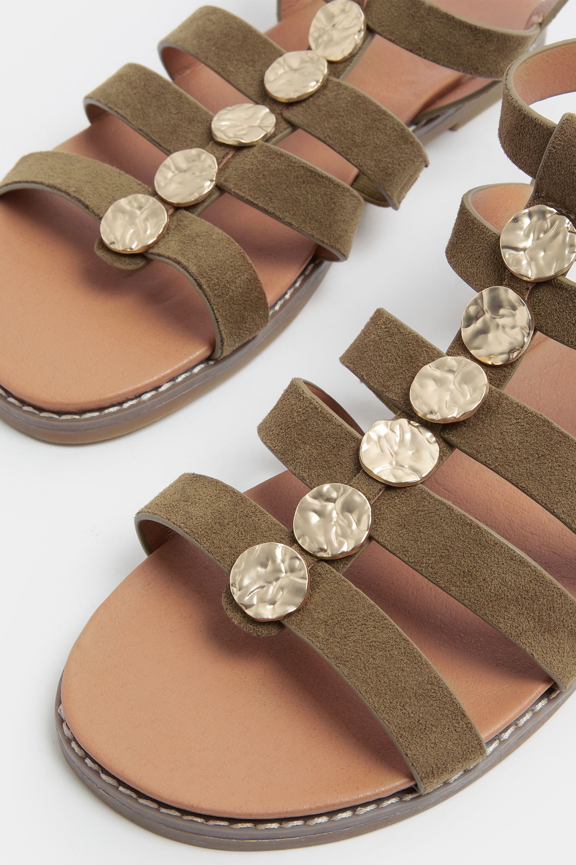 Khaki Green Hammered Disk Gladiator Sandals In Wide E Fit | Yours Clothing 5