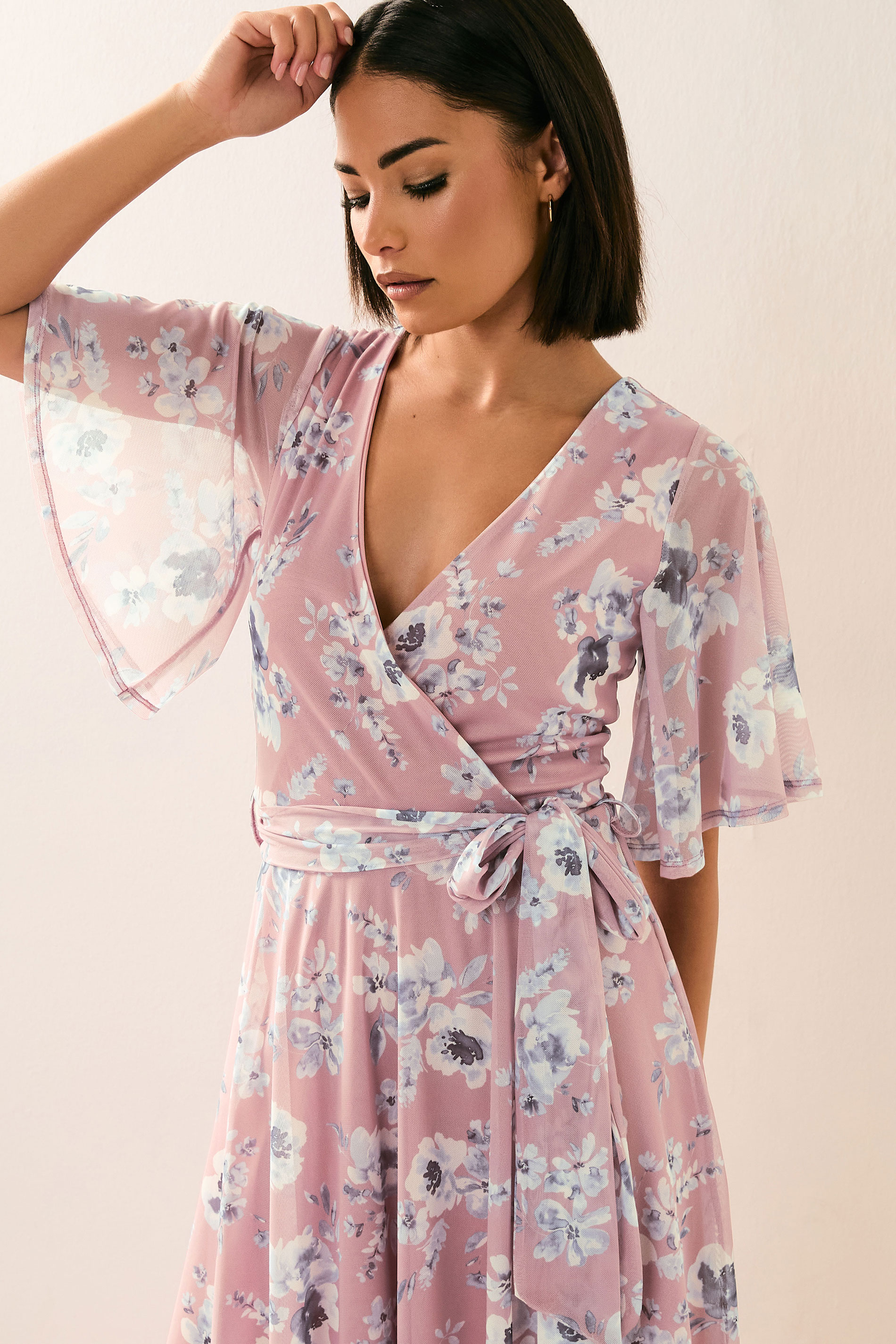 PixieGirl Petite Women's Blush Pink Mesh Floral Wrap Midi Dress | PixieGirl 4