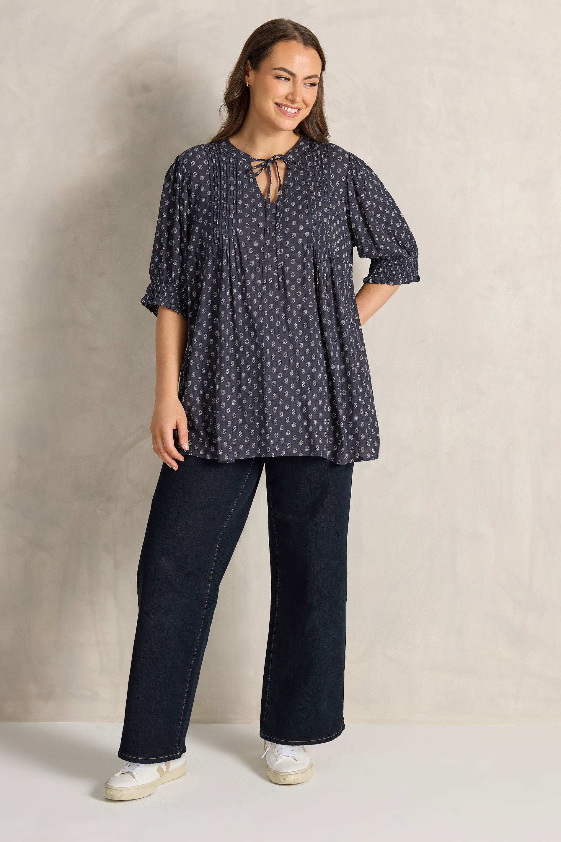 EVANS Plus Size Navy Blue Dobby Tie Neck Pintuck Blouse | Evans 2