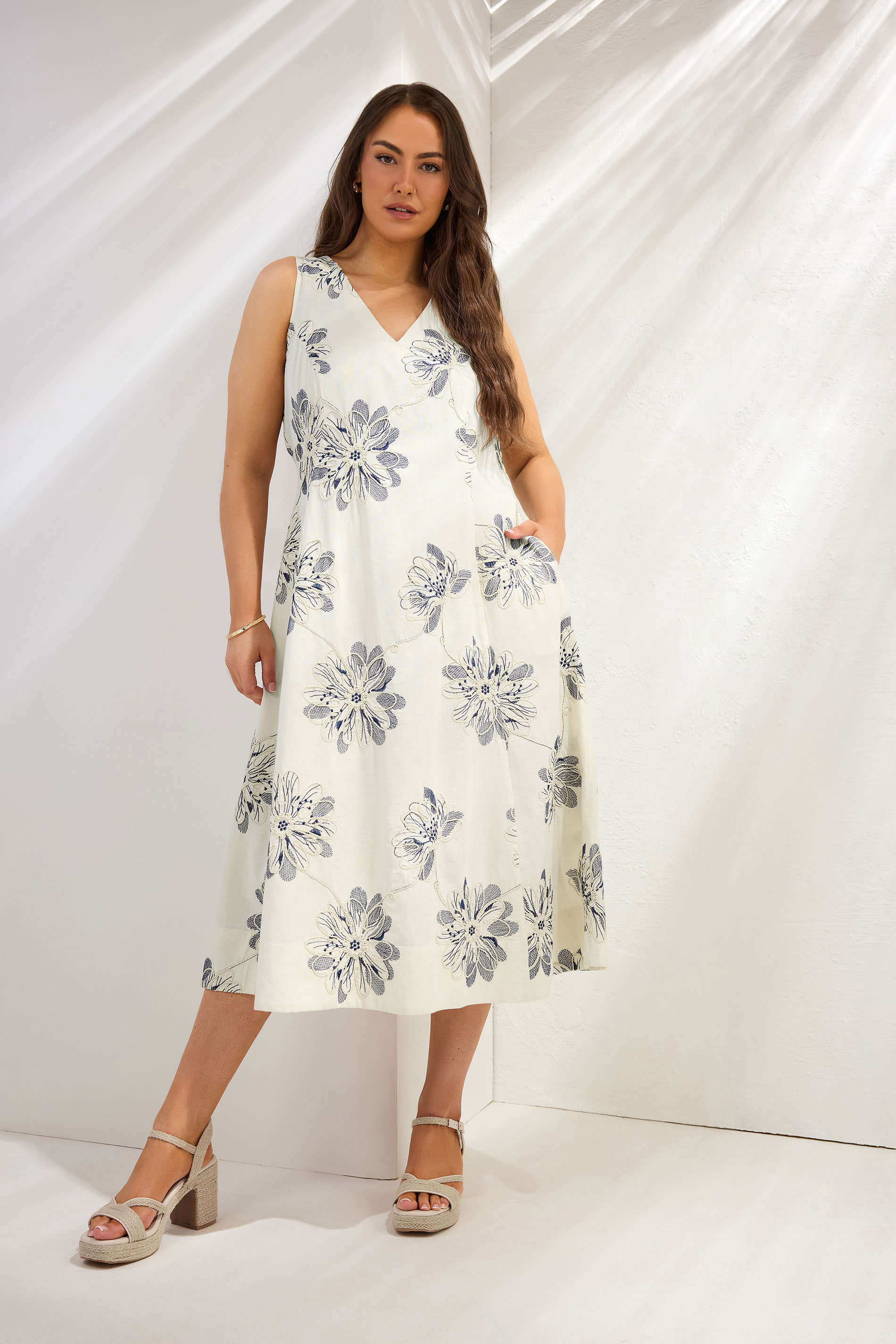 EVANS Plus Size Cream Embroidered Floral Linen Midi Dress | Evans 3