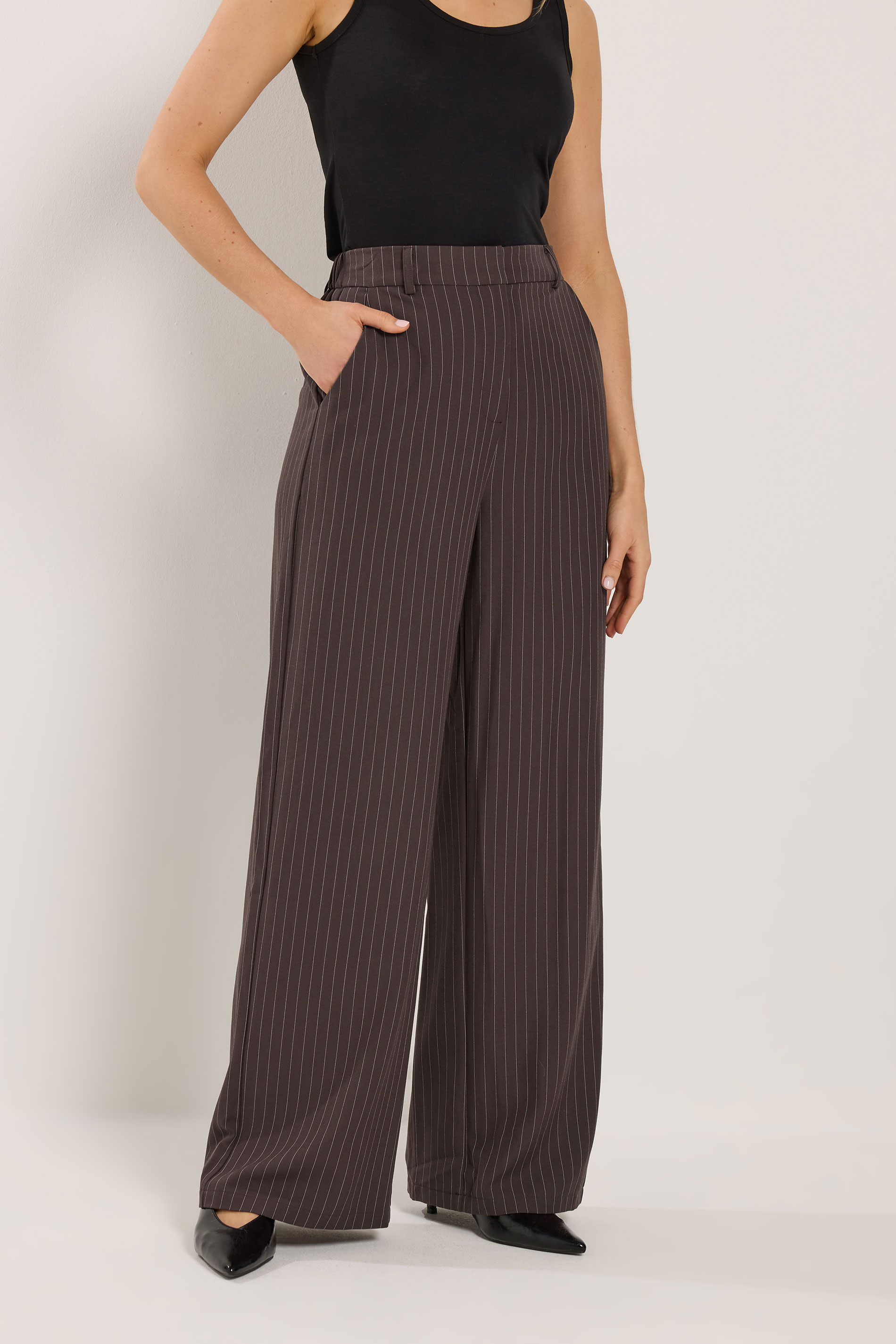 LTS PREMIUM Tall Women's Chocolate Brown Pinstripe Wide Leg Trousers| Long Tall Sally 1
