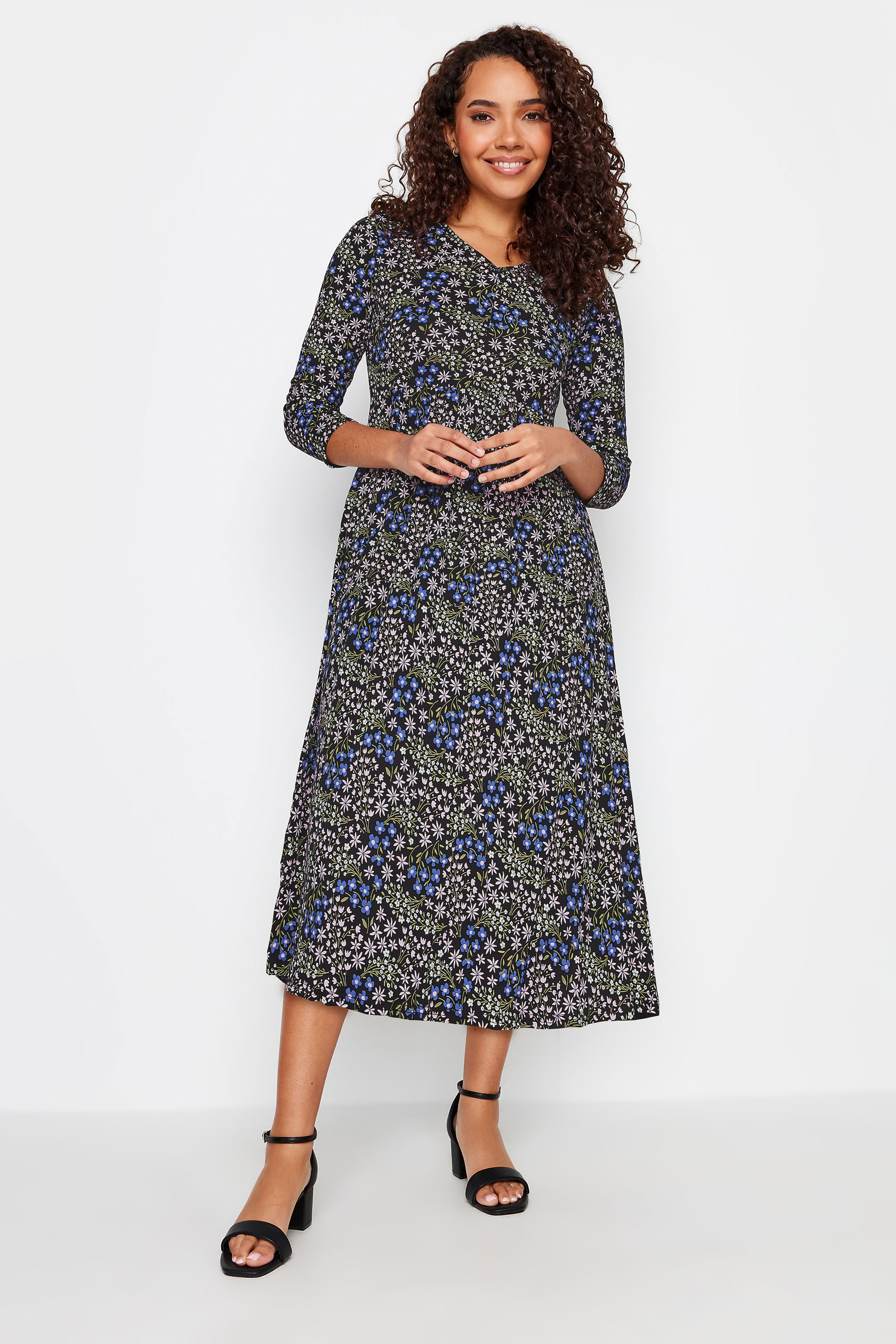 M&Co Petite Black Ditsy Floral Print Midi Dress | M&Co 1