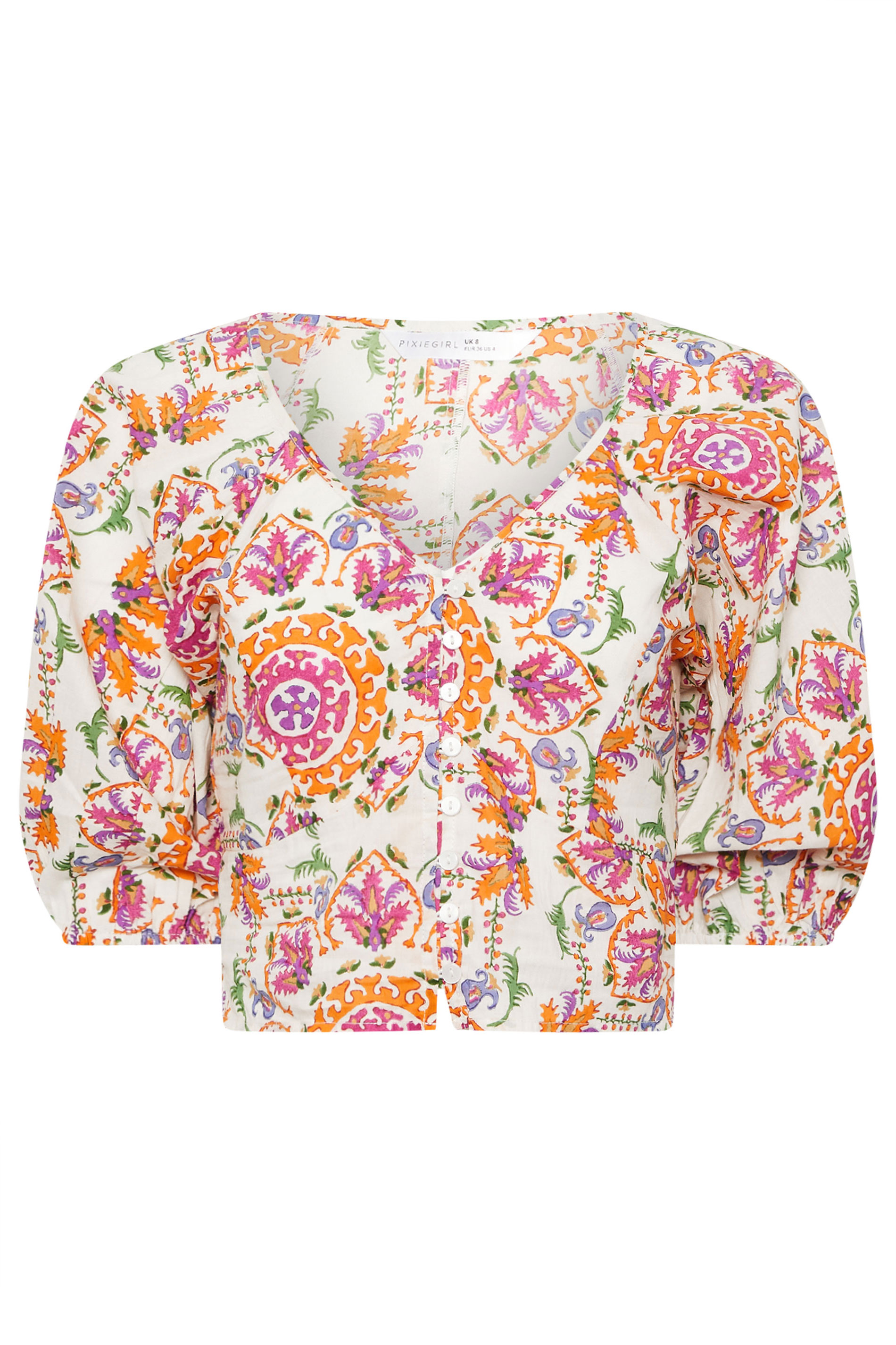 PixieGirl Petite Women's White Abstract Tile Cotton Puff Sleeve Top | PixieGirl 7