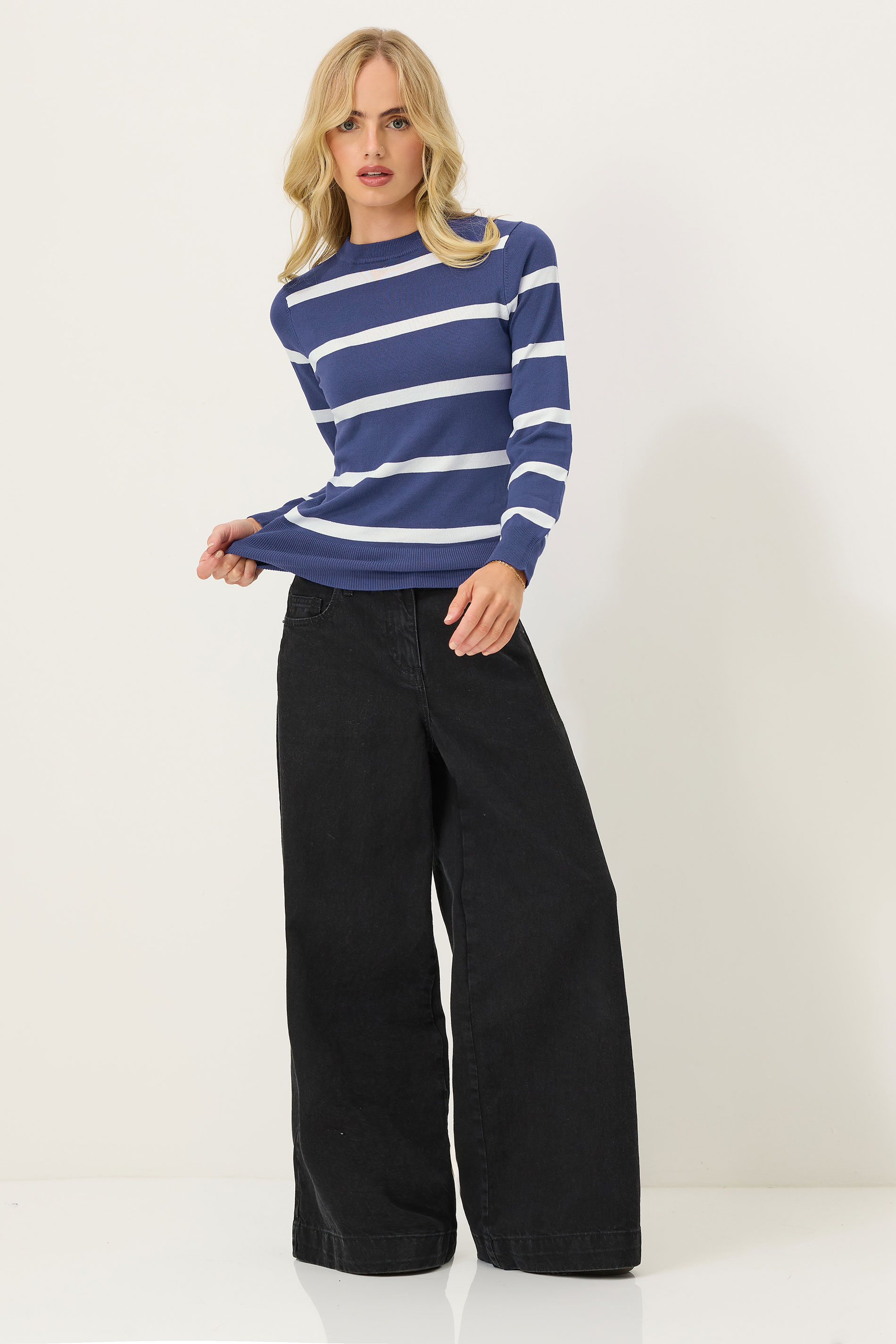 PixieGirl Petite Women's Navy Blue Knitted Stripe Jumper | PixieGirl 1