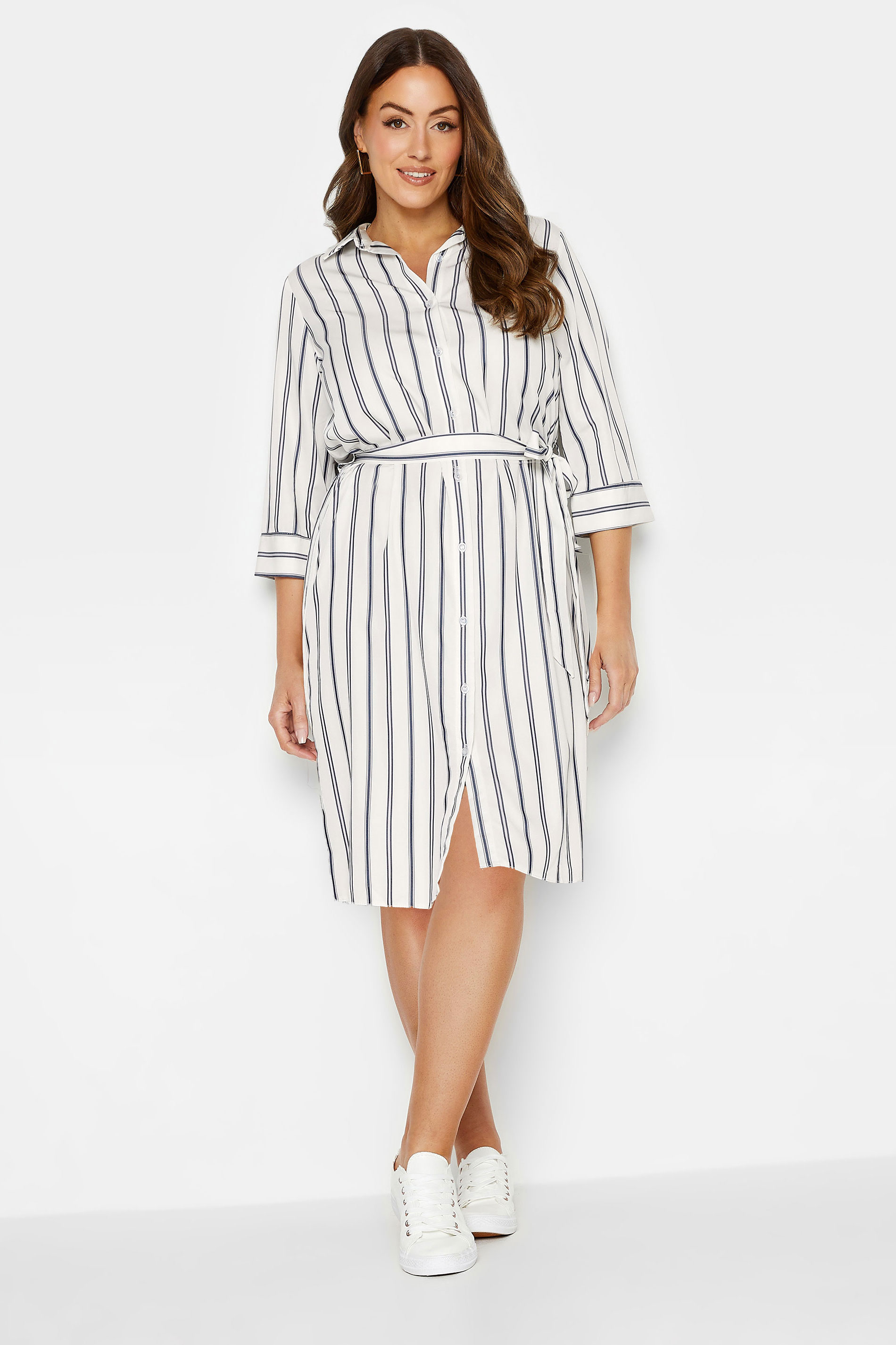 M&Co White & Navy Blue Stripe Print Tie Waist Tunic Shirt Dress | M&Co 2