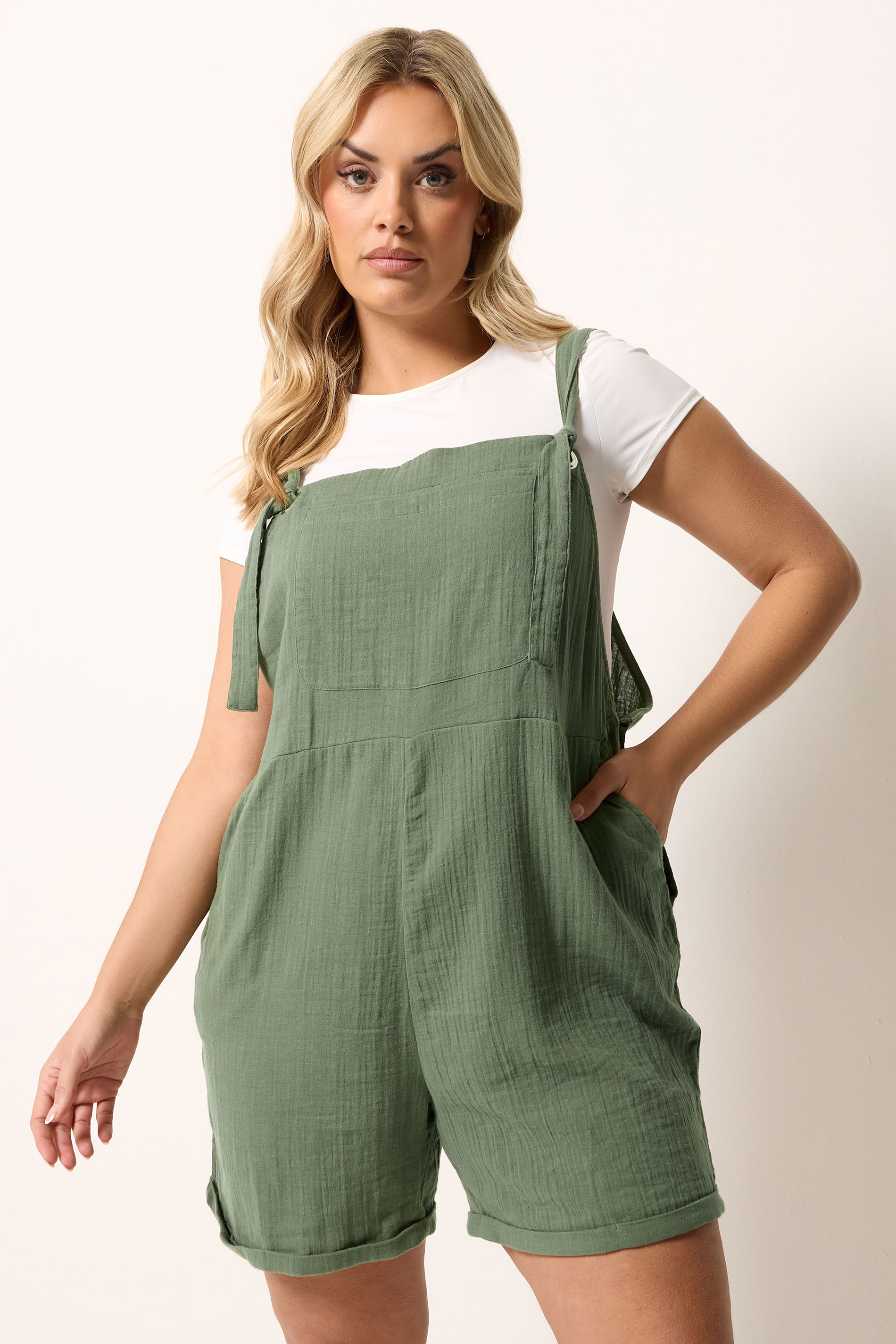 YOURS Plus Size Khaki Green Short Dungarees  3