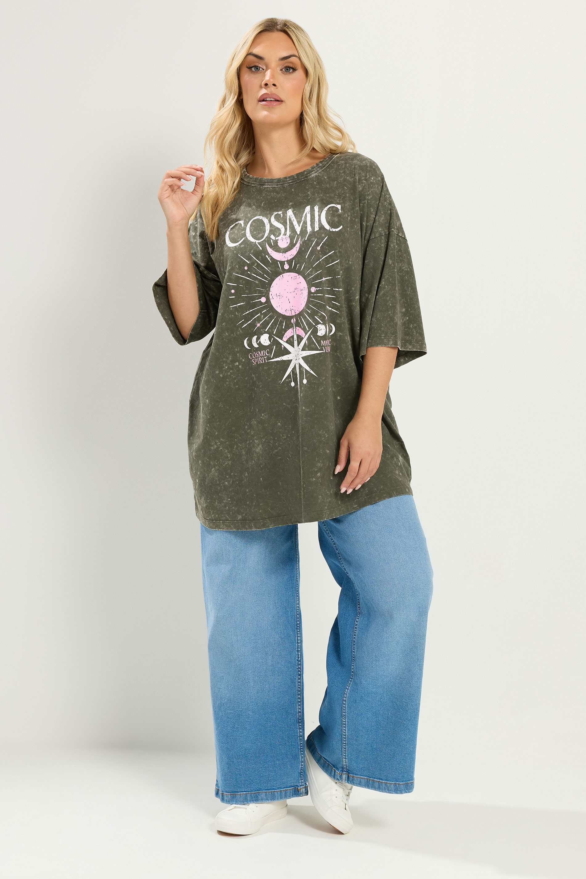 YOURS Plus Size Green Acid Wash 'Cosmic' Oversized T-Shirt | Yours Clothing 1