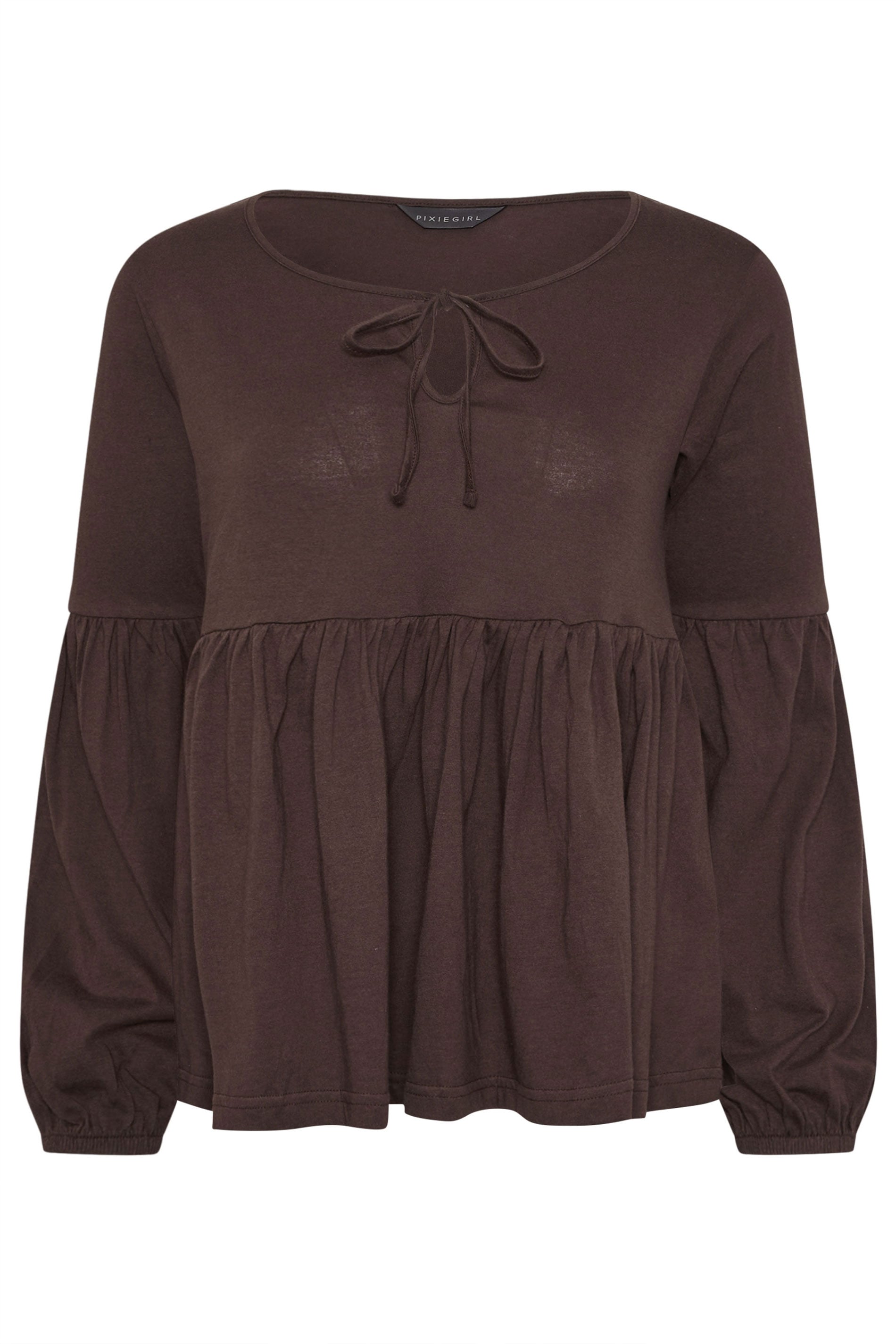 PixieGirl Petite Women's Chocolate Brown Tie Front Cotton Smock Top | PixieGirl 5