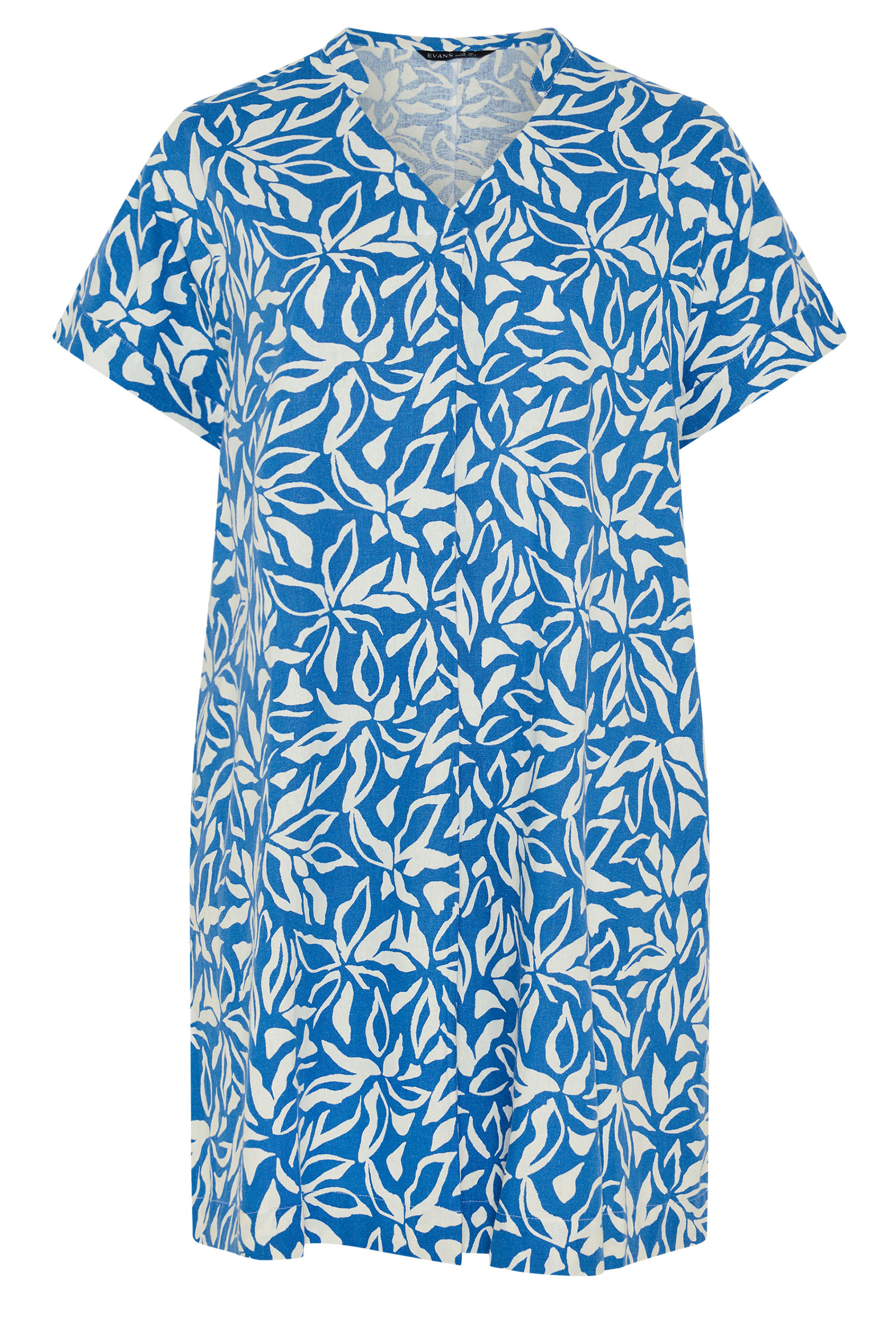 EVANS Plus Size Blue Premium Linen Leaf Print Shift Dress | Evans 7