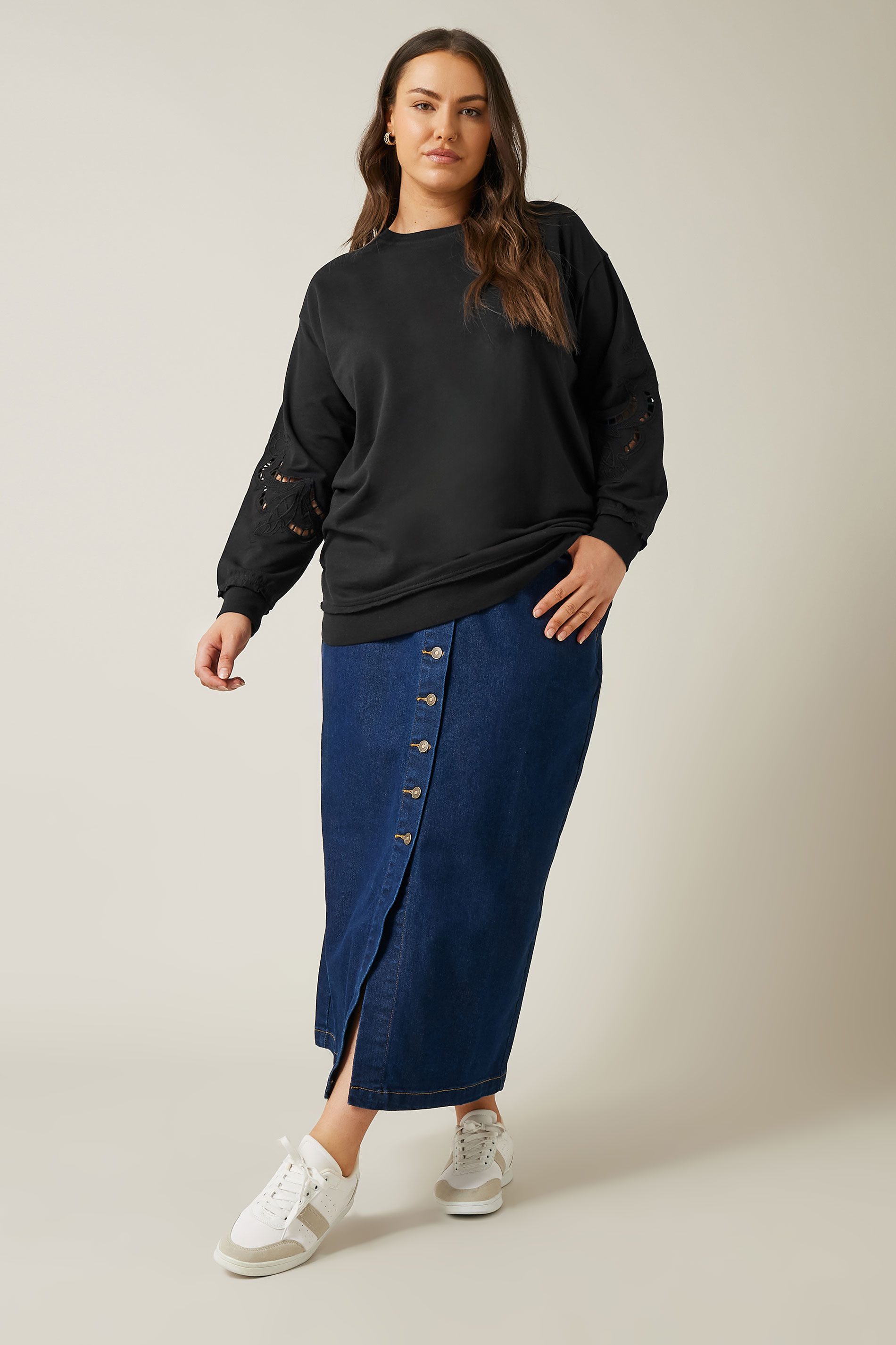 EVANS Plus Size Black Cutwork Crew Neck Sweatshirt | Evans 1