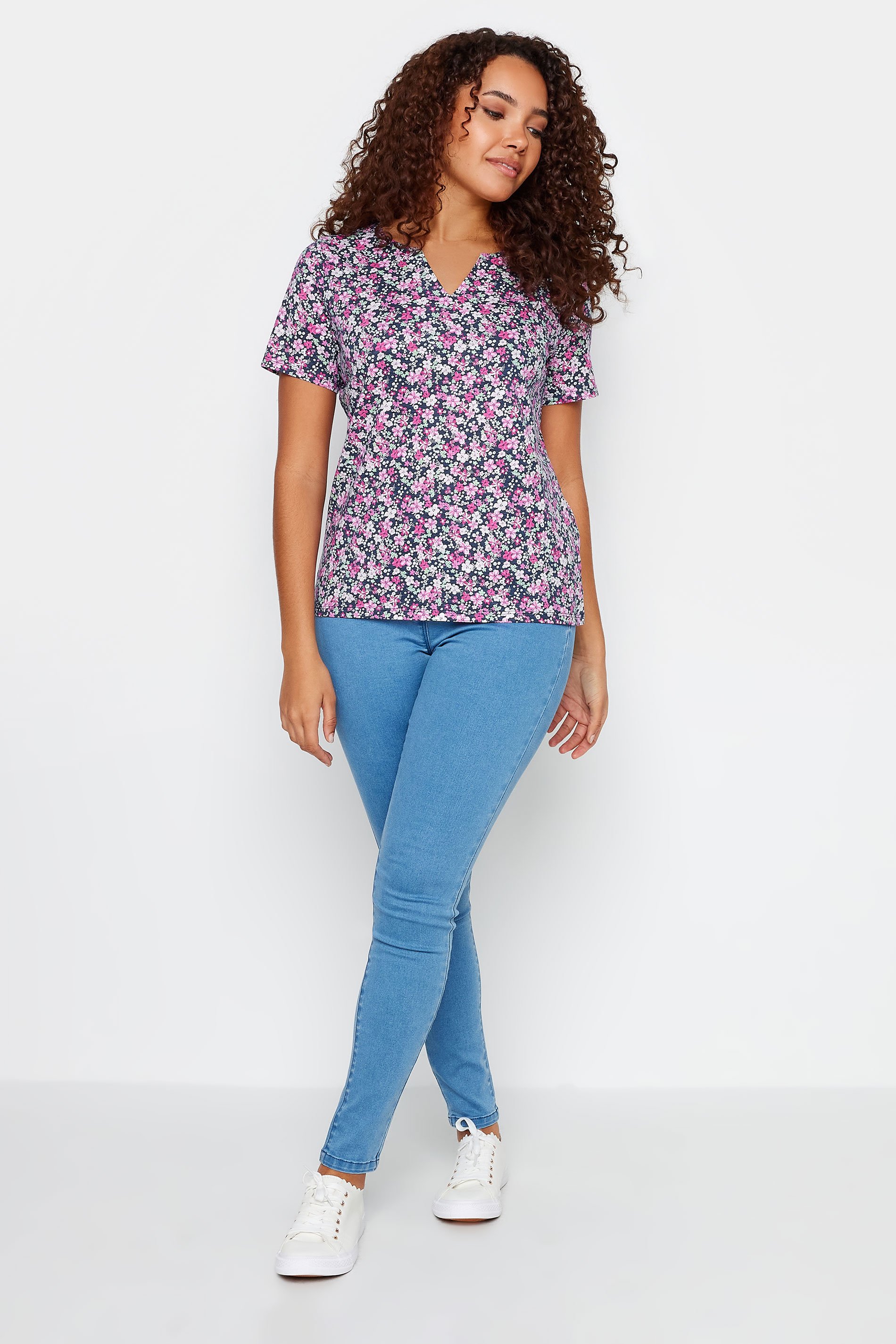 M&Co Pink Ditsy Floral Print Notch Neck Cotton T-Shirt | M&Co 2