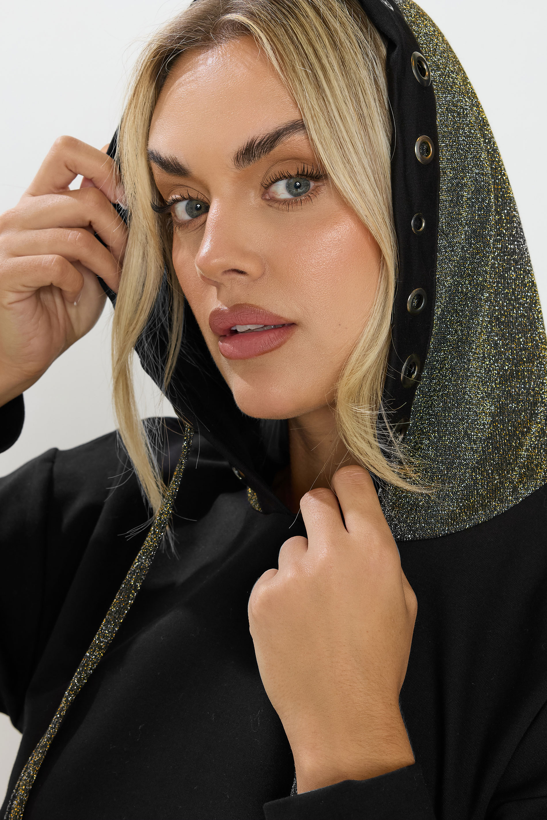 YOURS Plus Size Black & Gold Shimmer Trim Eyelet Hoodie | Yours Clothing 4