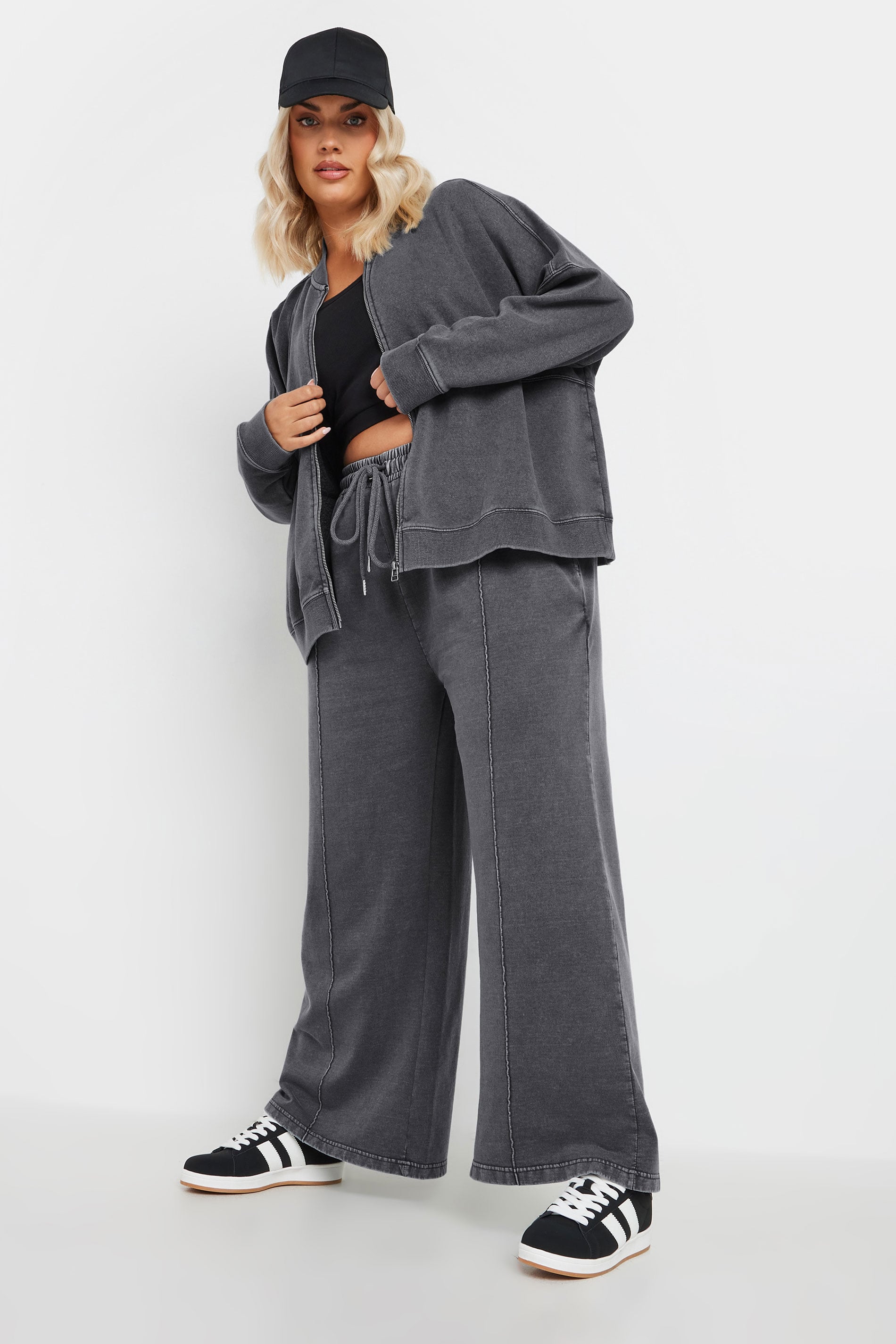 YOURS Plus Size Grey Acid Wash Oversized Sweat Bomber Jacket | Yours Clothing 1