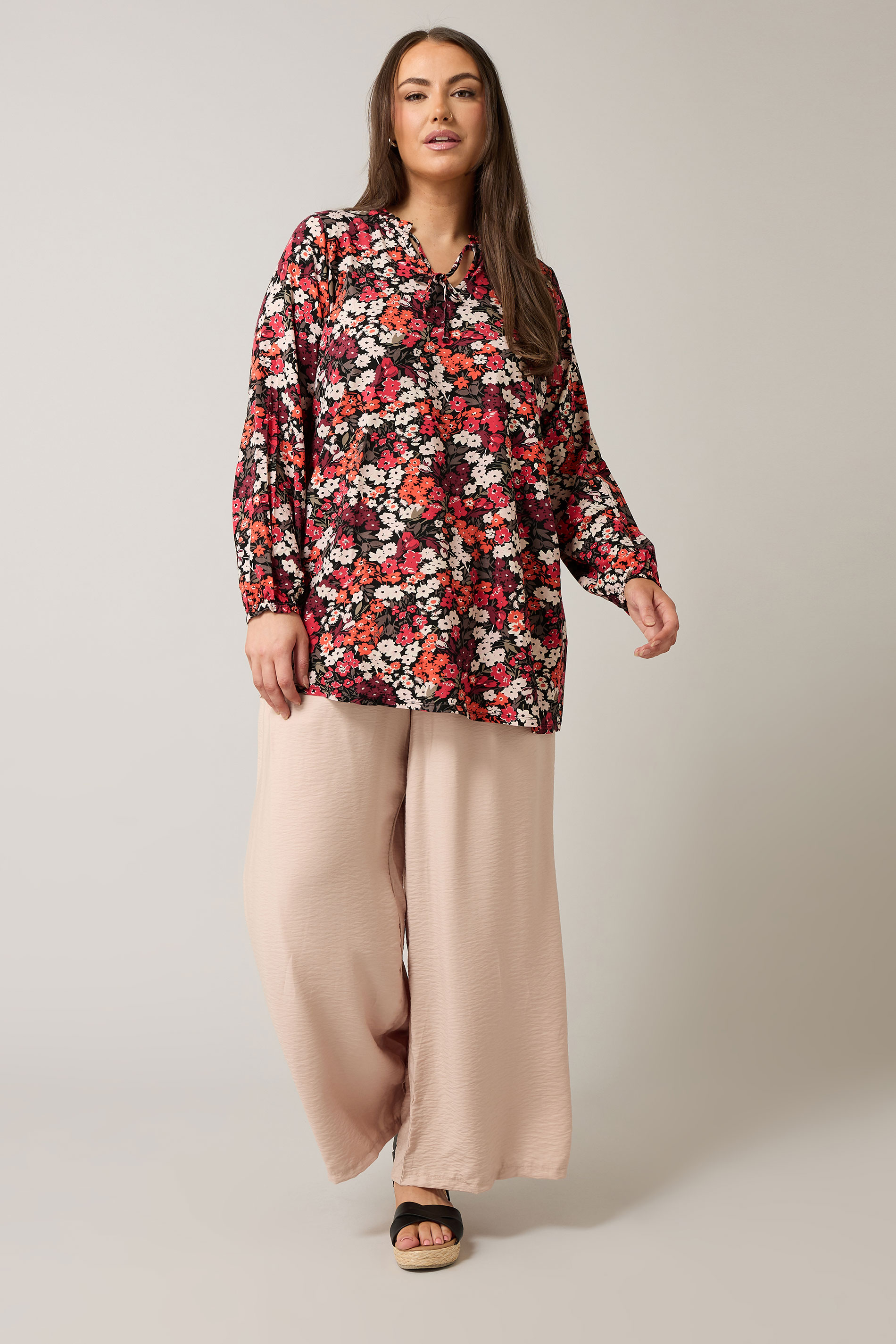 EVANS Plus Size Orange Ditsy Floral Tie Neck Top | Evans 1
