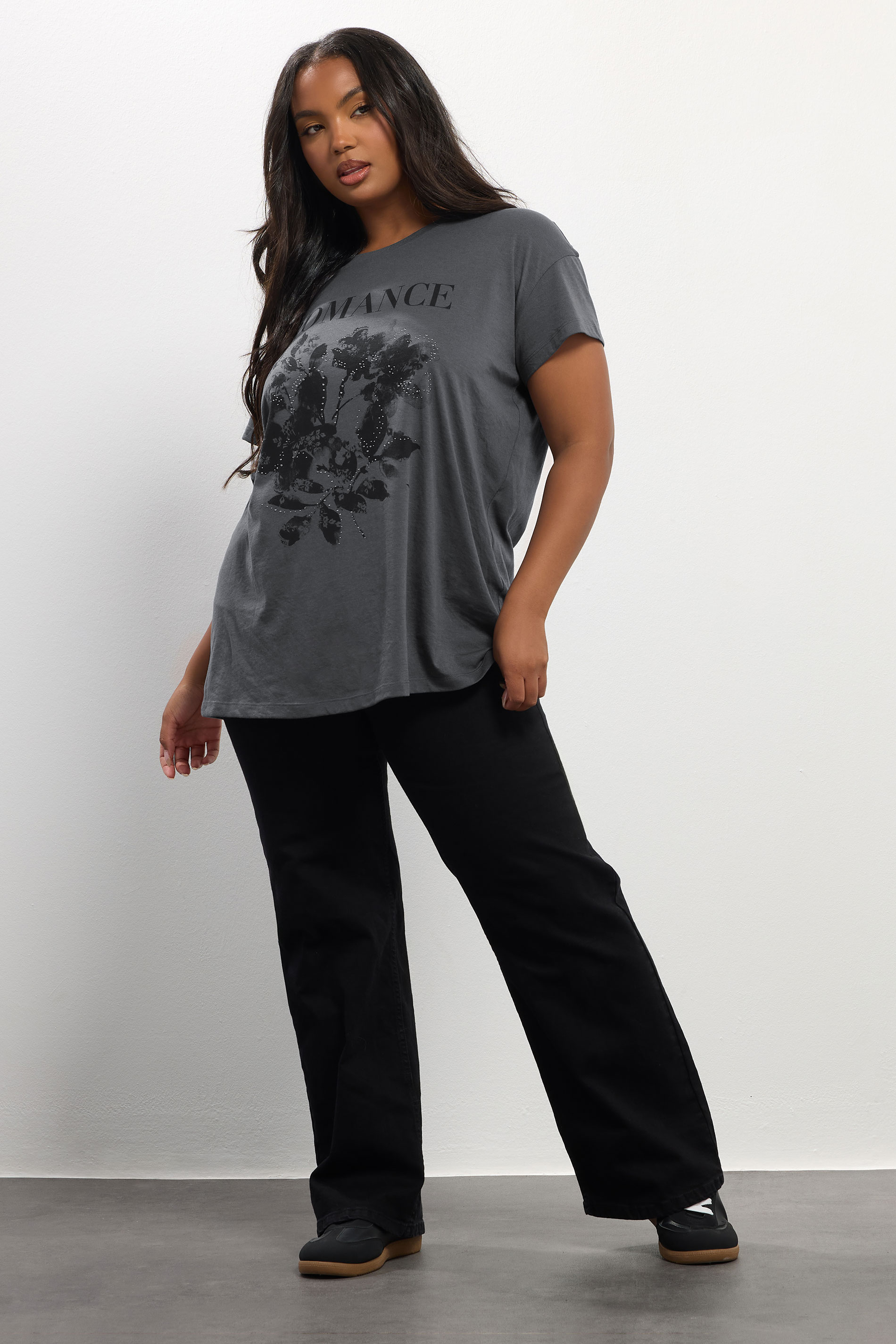 YOURS Plus Size Grey Floral 'Romance' Embellished Slogan T-Shirt | Yours Clothing 2