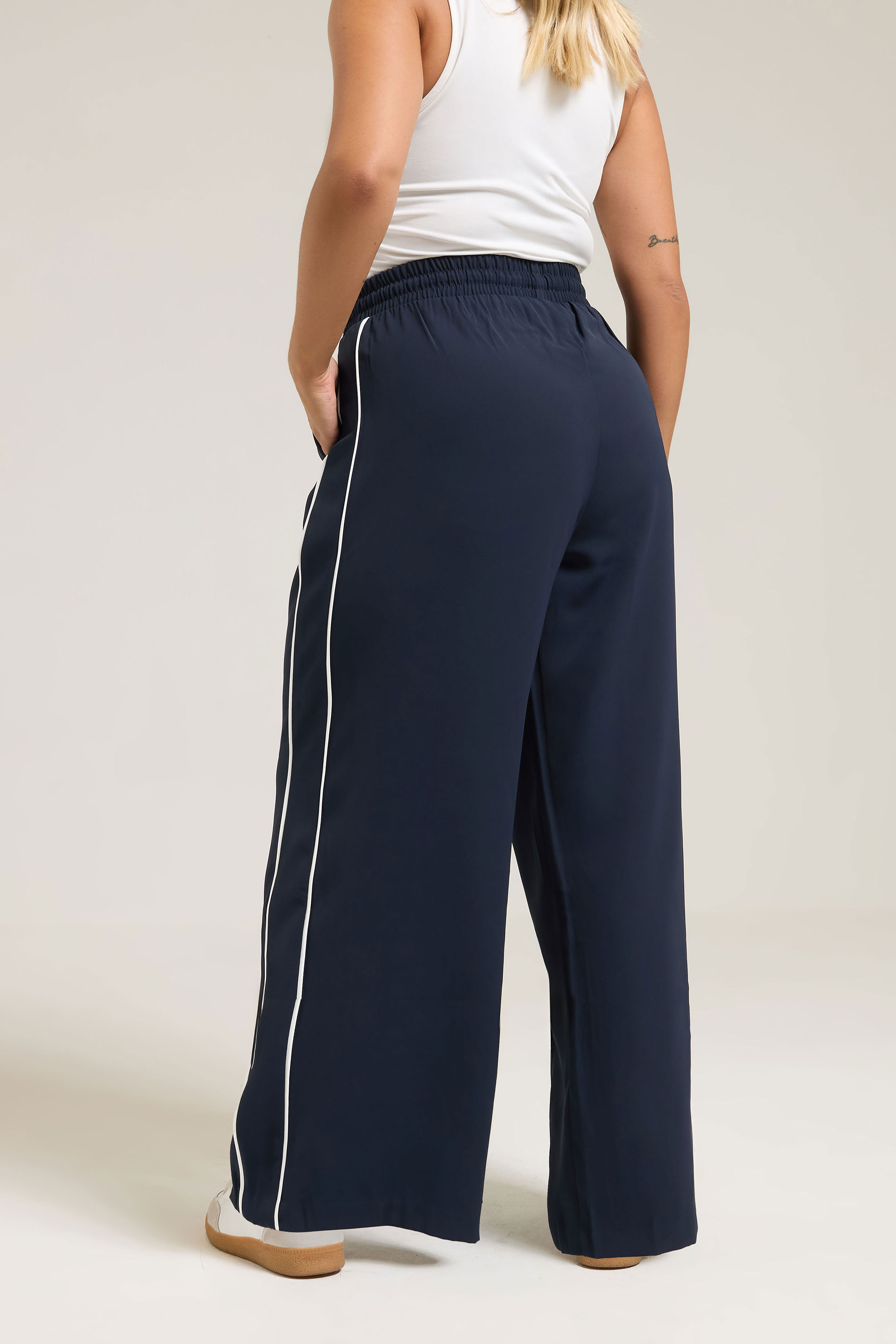 YOURS Plus Size Navy Blue Side Stripe Wide Leg Trousers | Yours Clothing 2