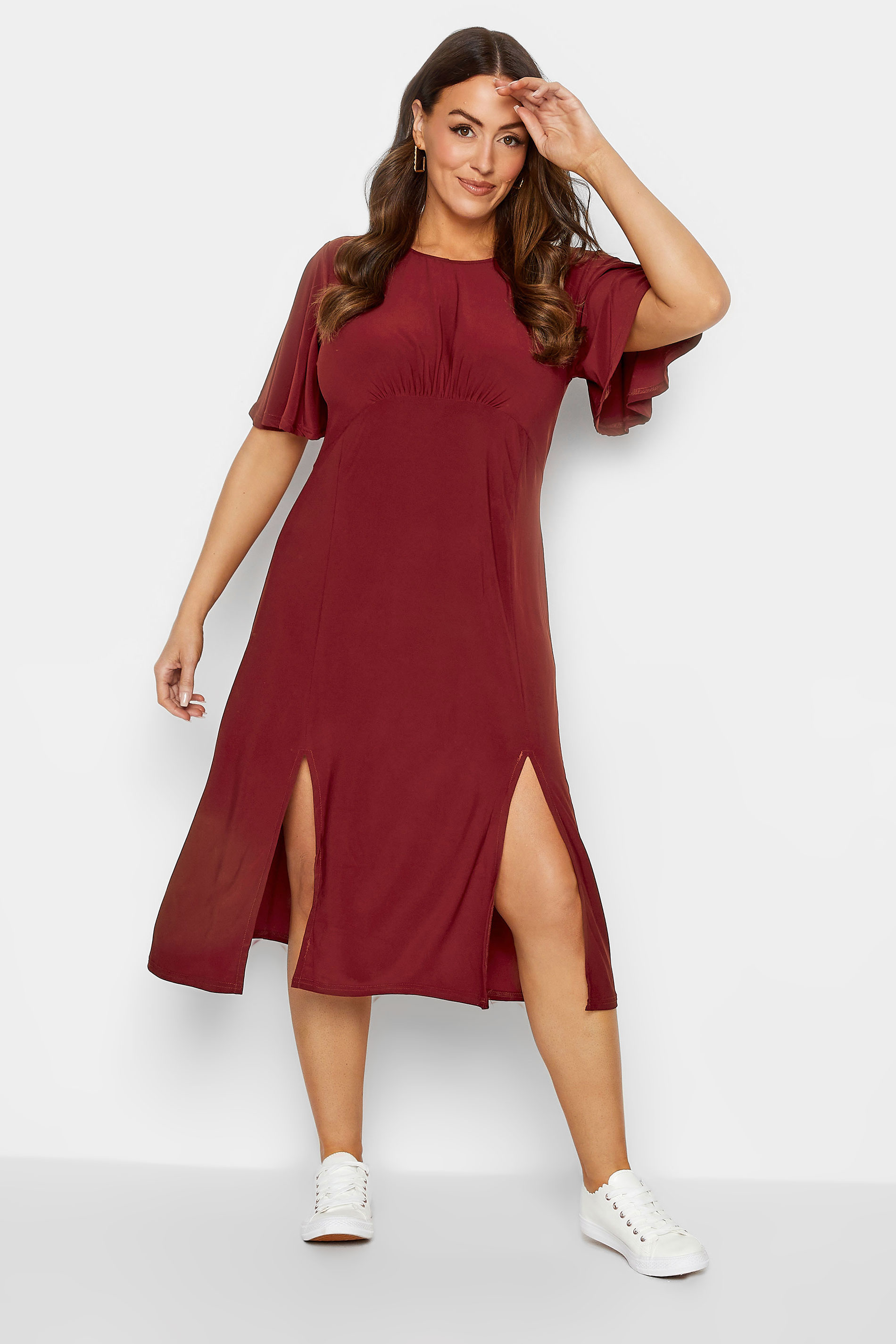 M&Co Burgundy Red Angel Sleeve Split Hem Midi Dress | M&Co 1