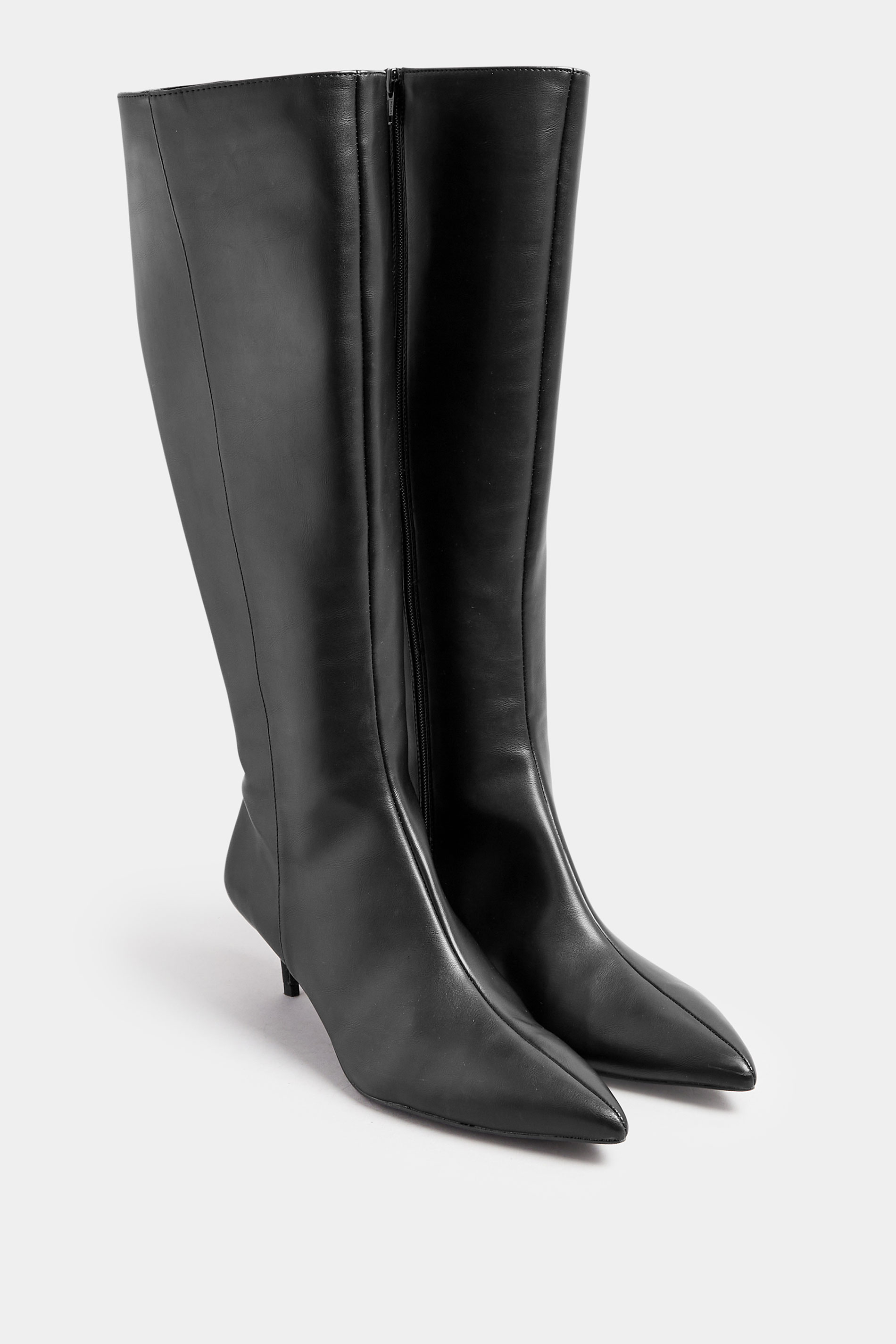 LTS Black Faux Leather Knee High Heeled Boots In Standard Fit | Long Tall Sally 3