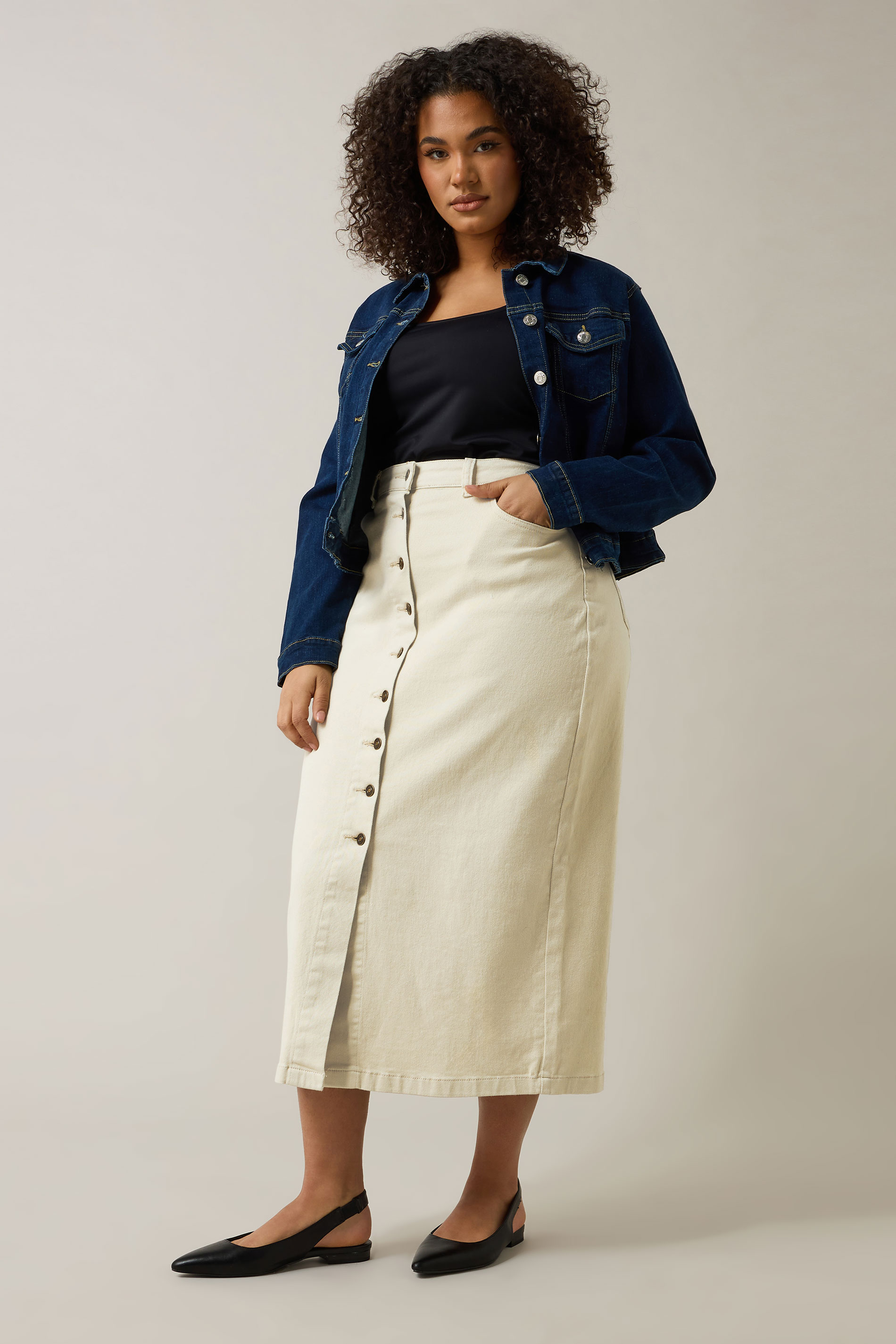 EVANS Plus Size Cream Button Through Denim Maxi Skirt | Evans 5