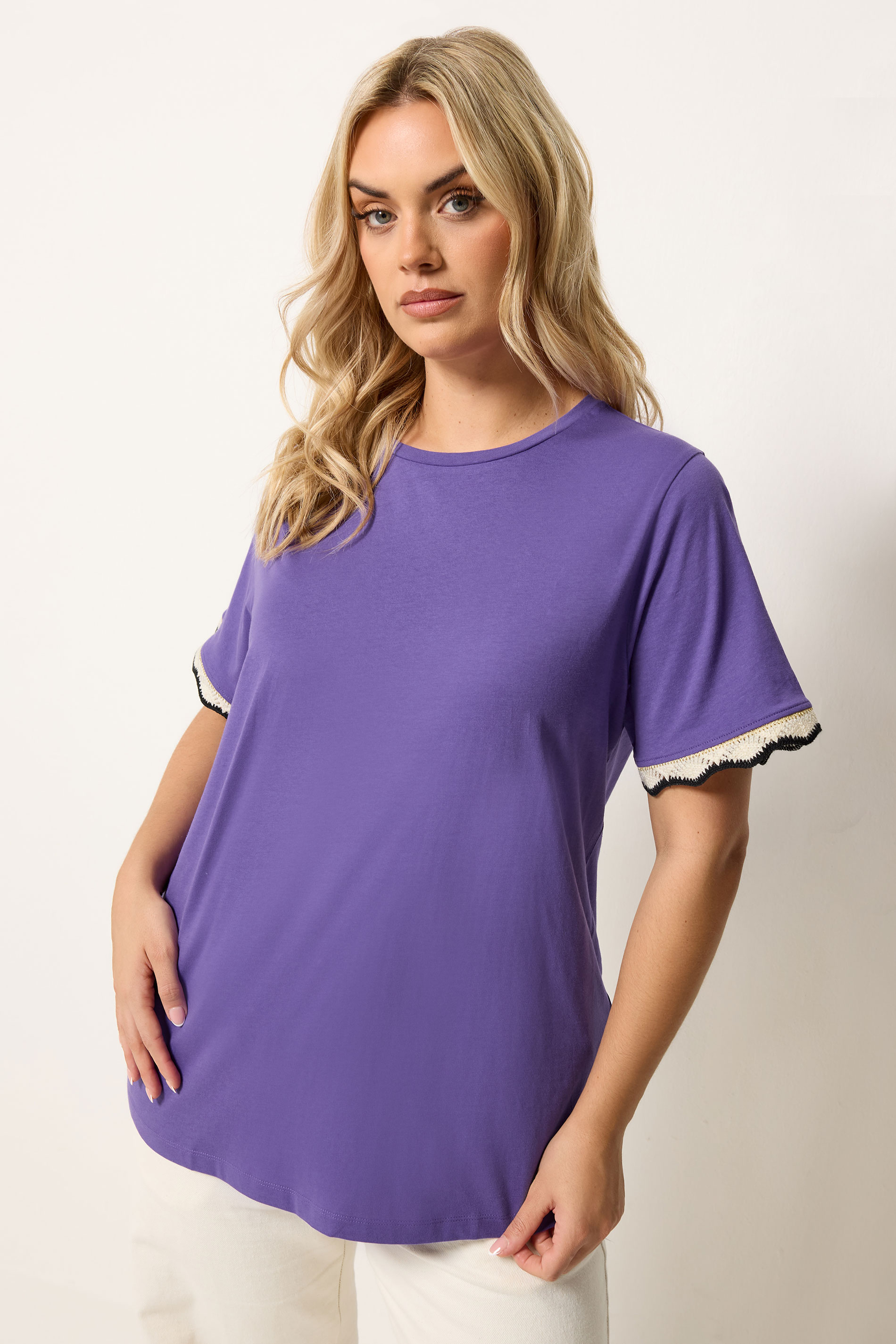 YOURS Plus Size Purple Metallic Crochet Trim T-Shirt | Yours Clothing 3