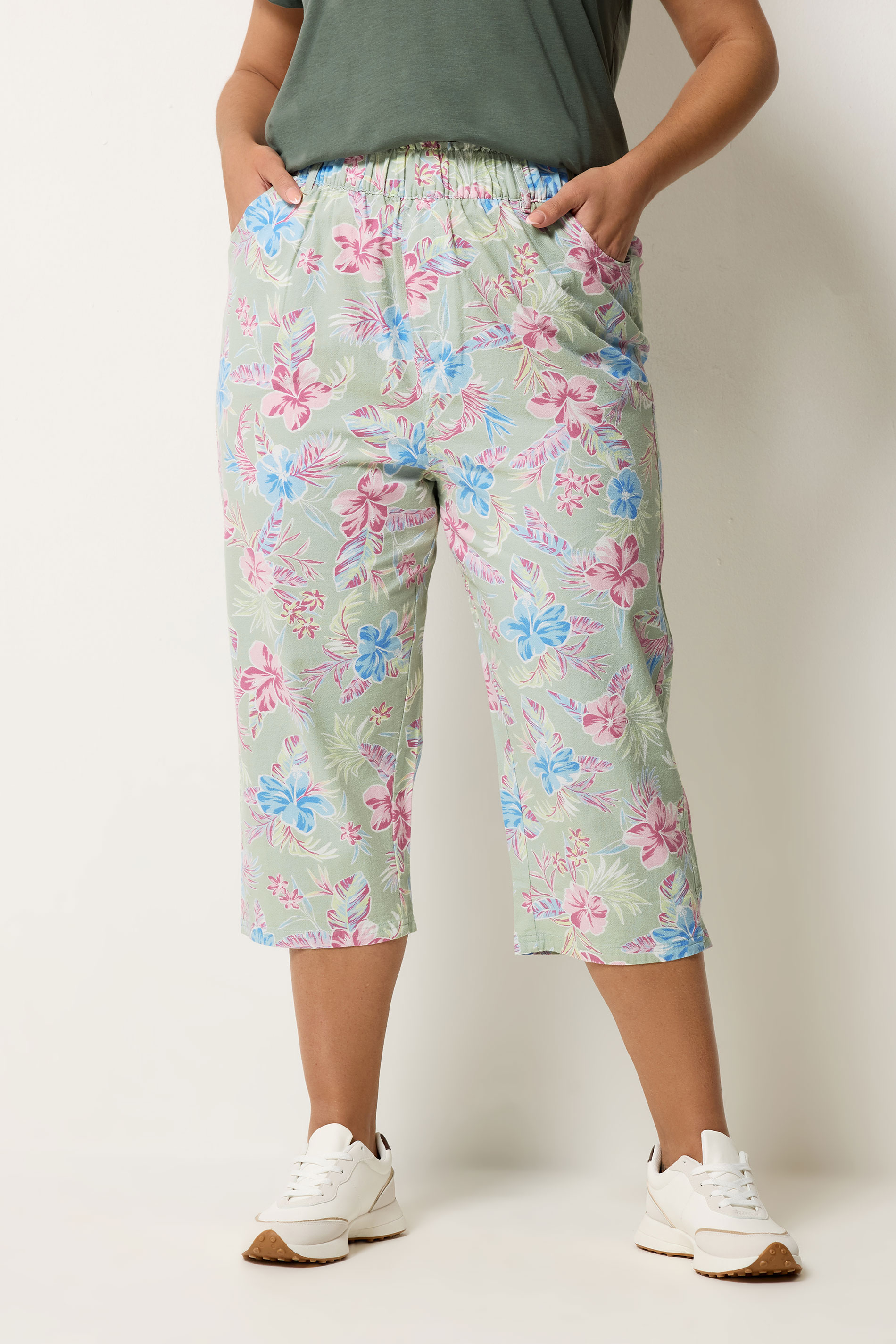 YOURS Plus Size Sage Green Tropical Cropped Trousers | Yours Clothing 3