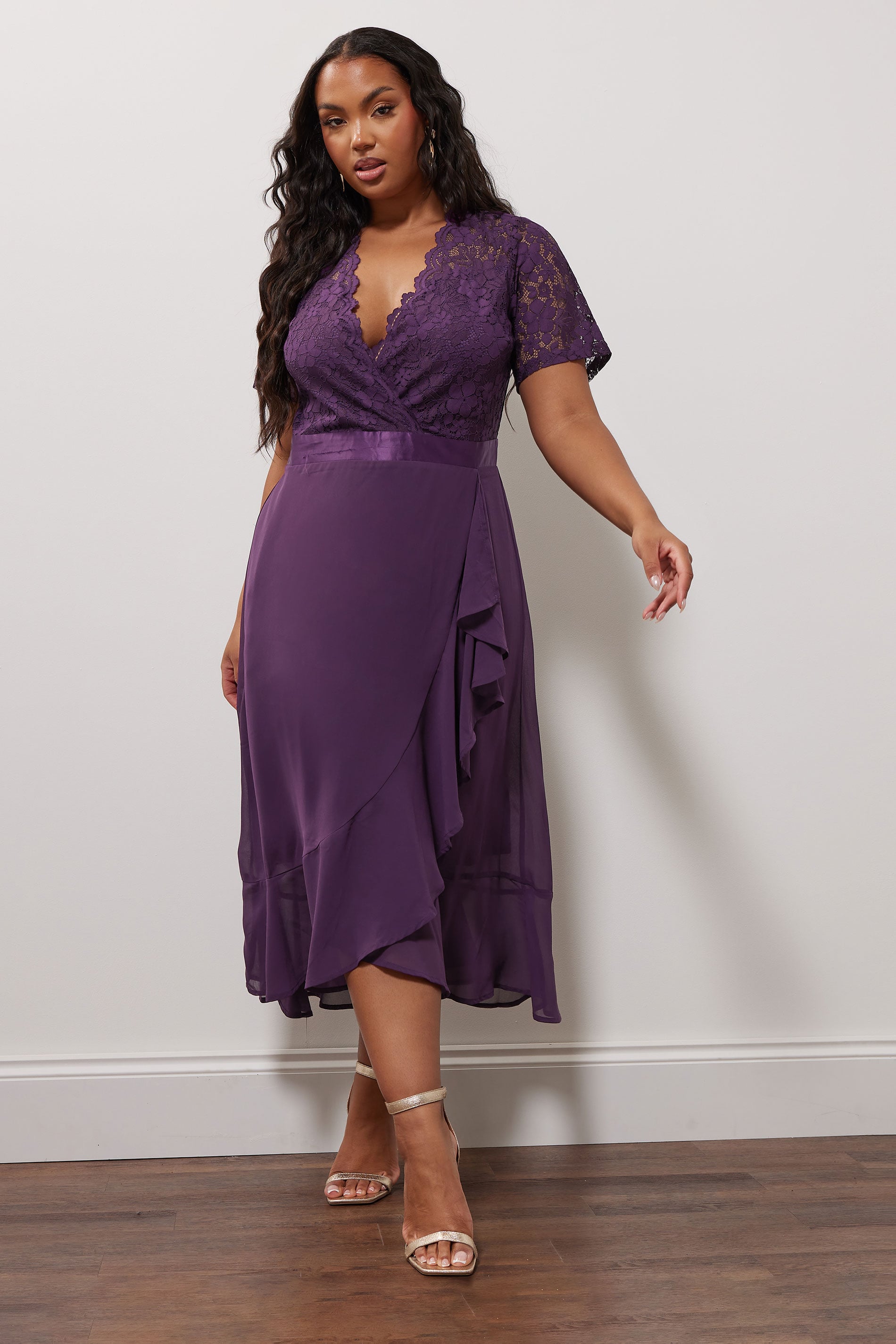 YOURS LONDON Plus Size Purple Lace Wrap Ruffle Midi Dress | Yours Clothing 1
