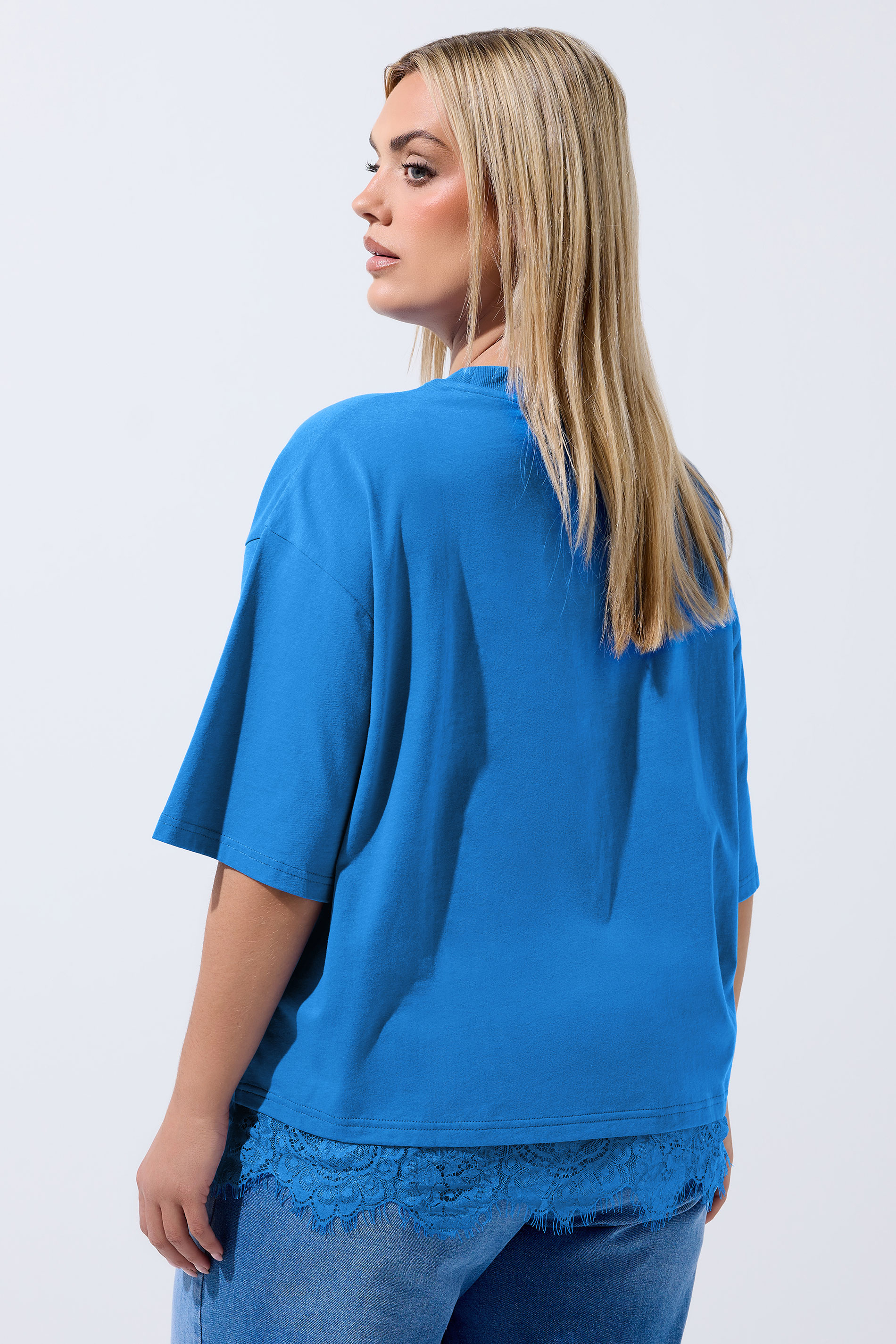 LIMITED COLLECTION Plus Size Cobalt Blue Oversized Lace Hem T-Shirt | Yours Clothing 2
