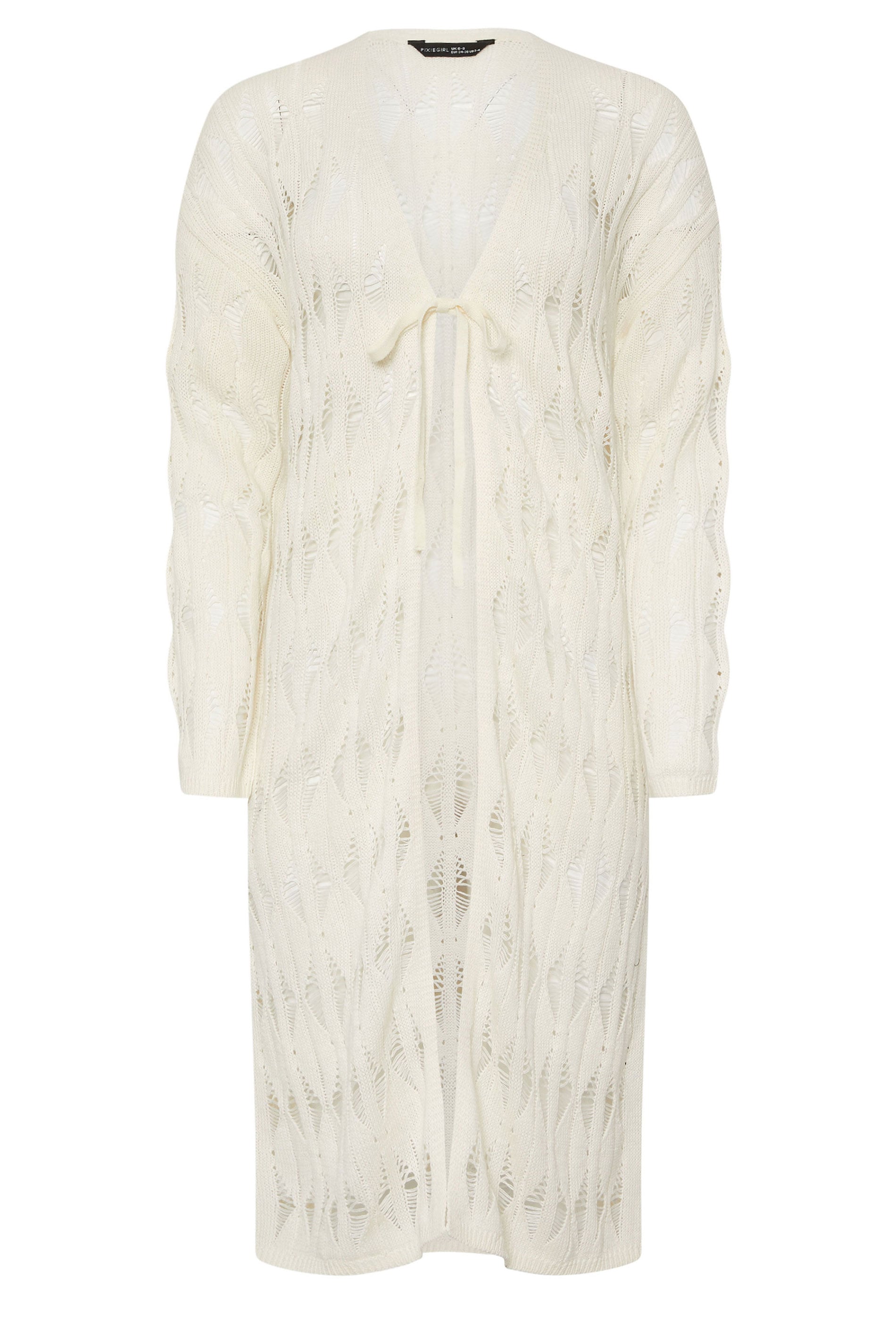 PixieGirl Petite Women's Ivory White Crochet Maxi Tie Cardigan | PixieGirl 6