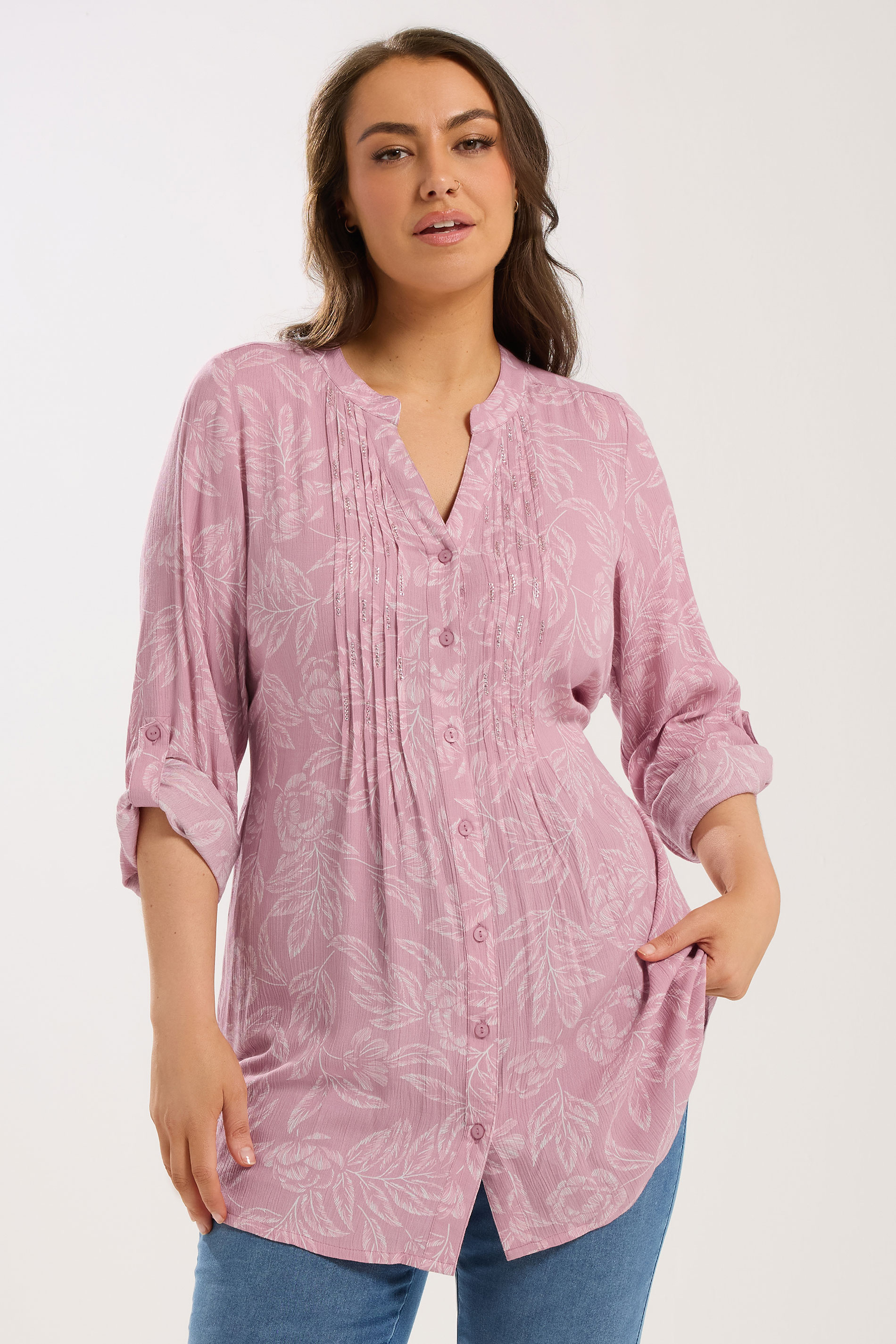 YOURS Plus Size Pink Leaf Print Pintuck Blouse | Yours Clothing 3