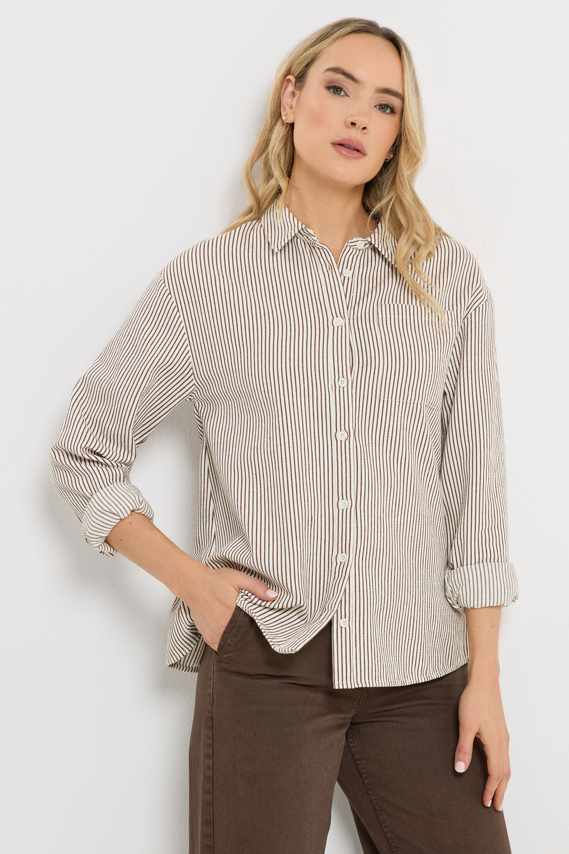 LTS Tall Women's Chocolate Brown & White Stripe Cotton Shirt | Long Tall Sally 1