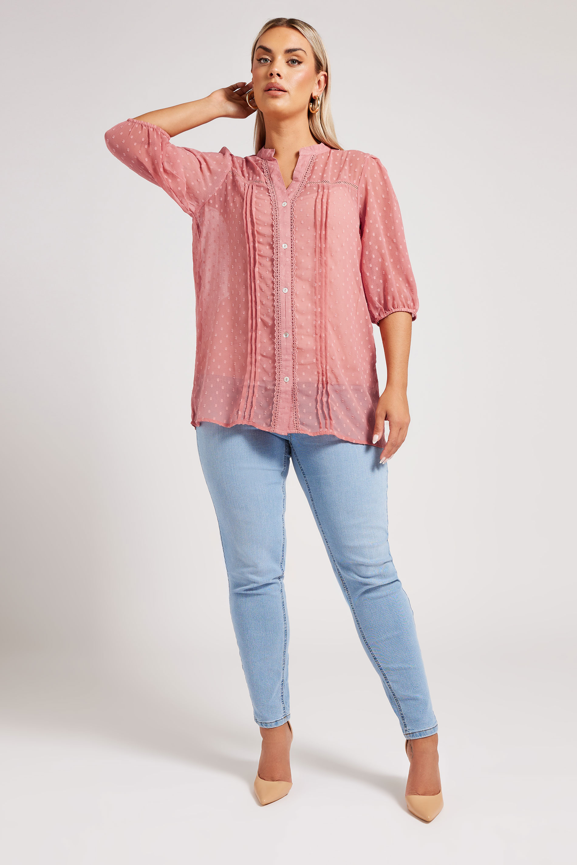 YOURS LONDON Plus Size Pink Dobby Crochet Trim Blouse | Yours Clothing 1
