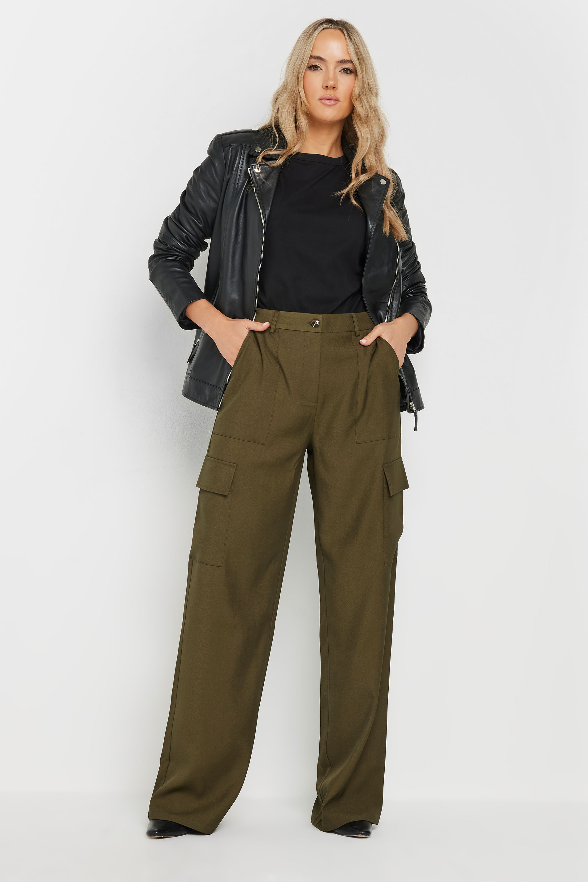 LTS Tall Khaki Green Tailored Cargo Pocket Wide Leg Trousers | Long Tall Sally 1