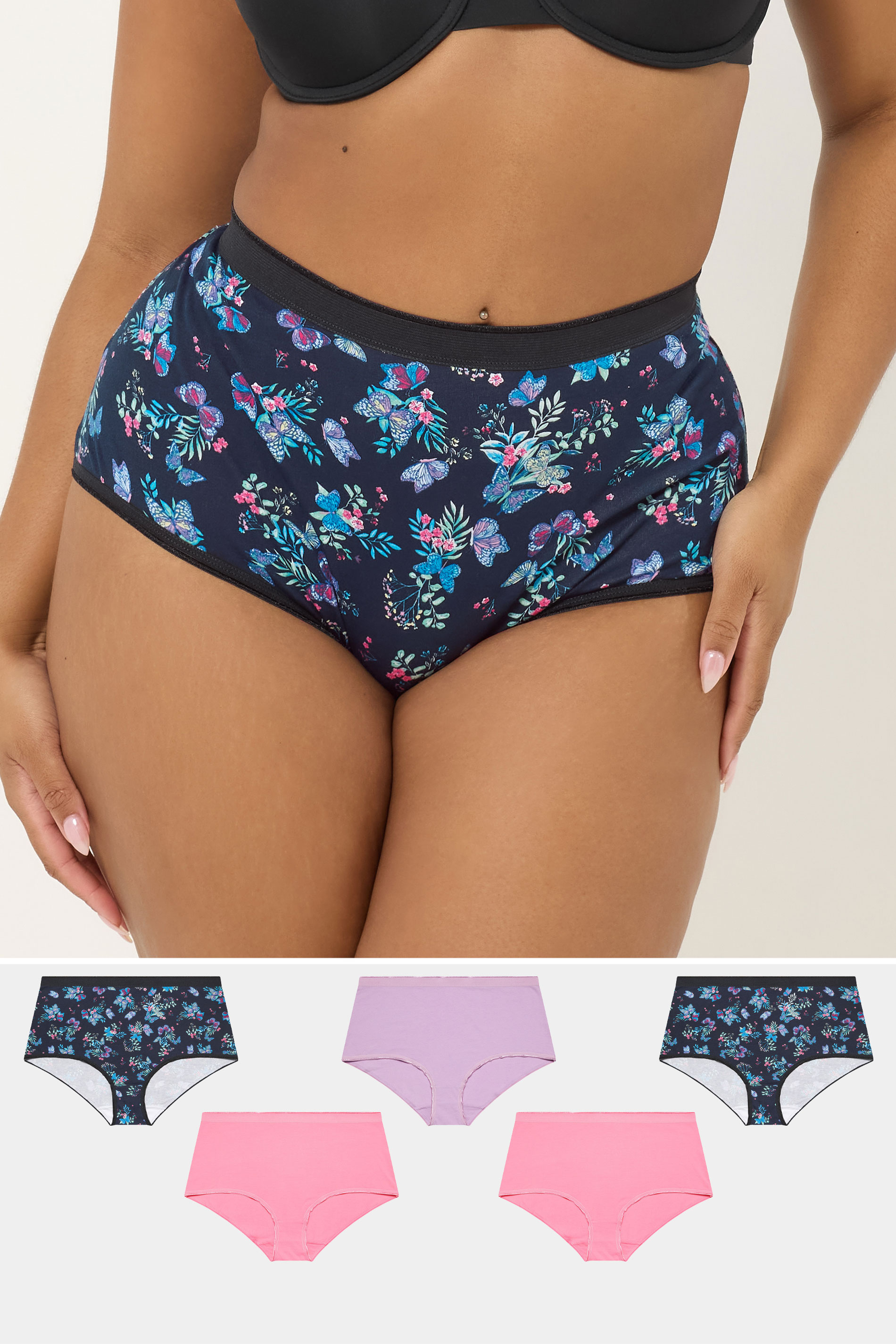 YOURSET 5 PACK Plus Size Pink & Navy Blue Floral Butterfly Full Briefs | Yours Clothing 1