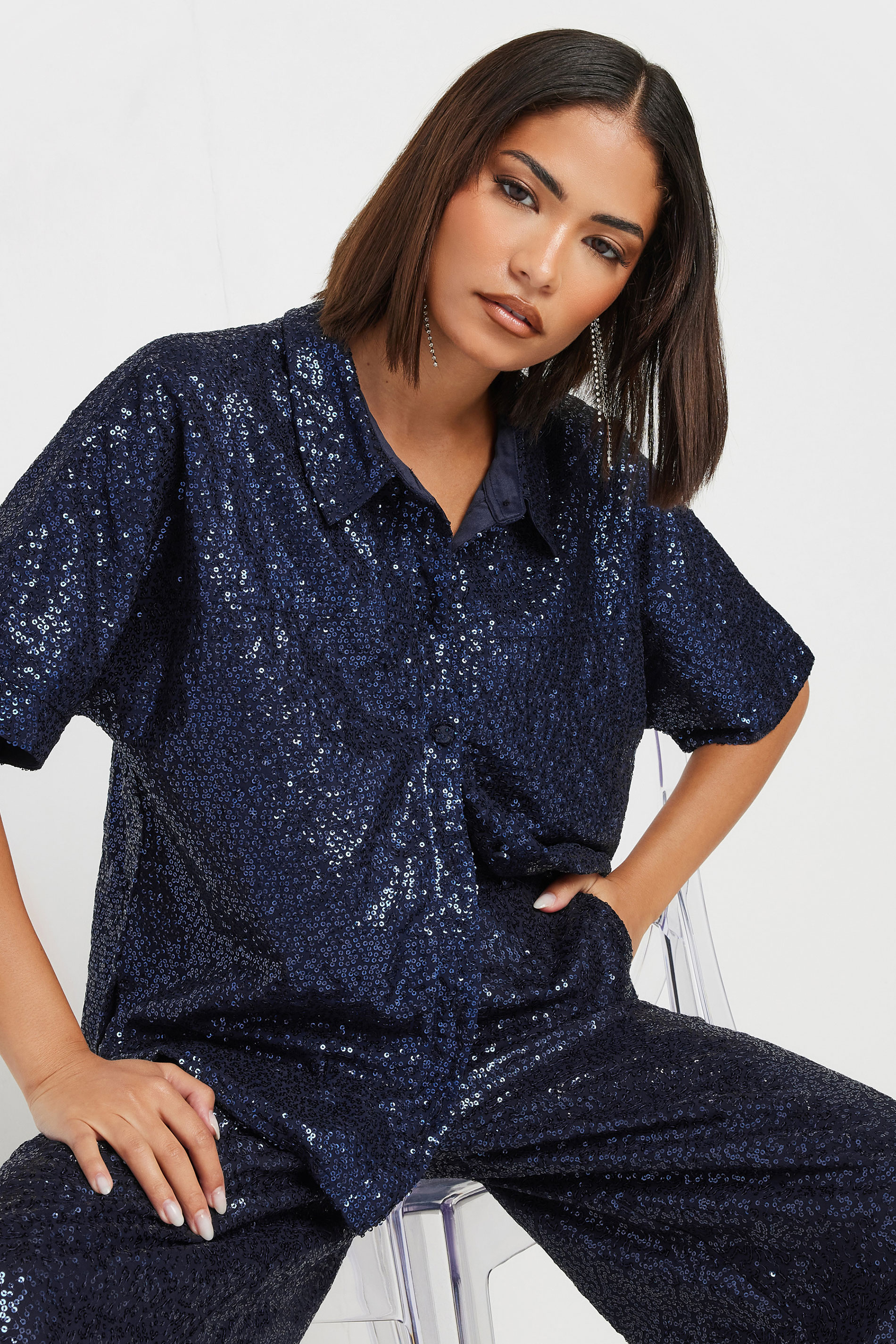 PixieGirl Petite Women's Navy Blue Sequin Embellished Short Sleeve Shirt | PixieGirl 2