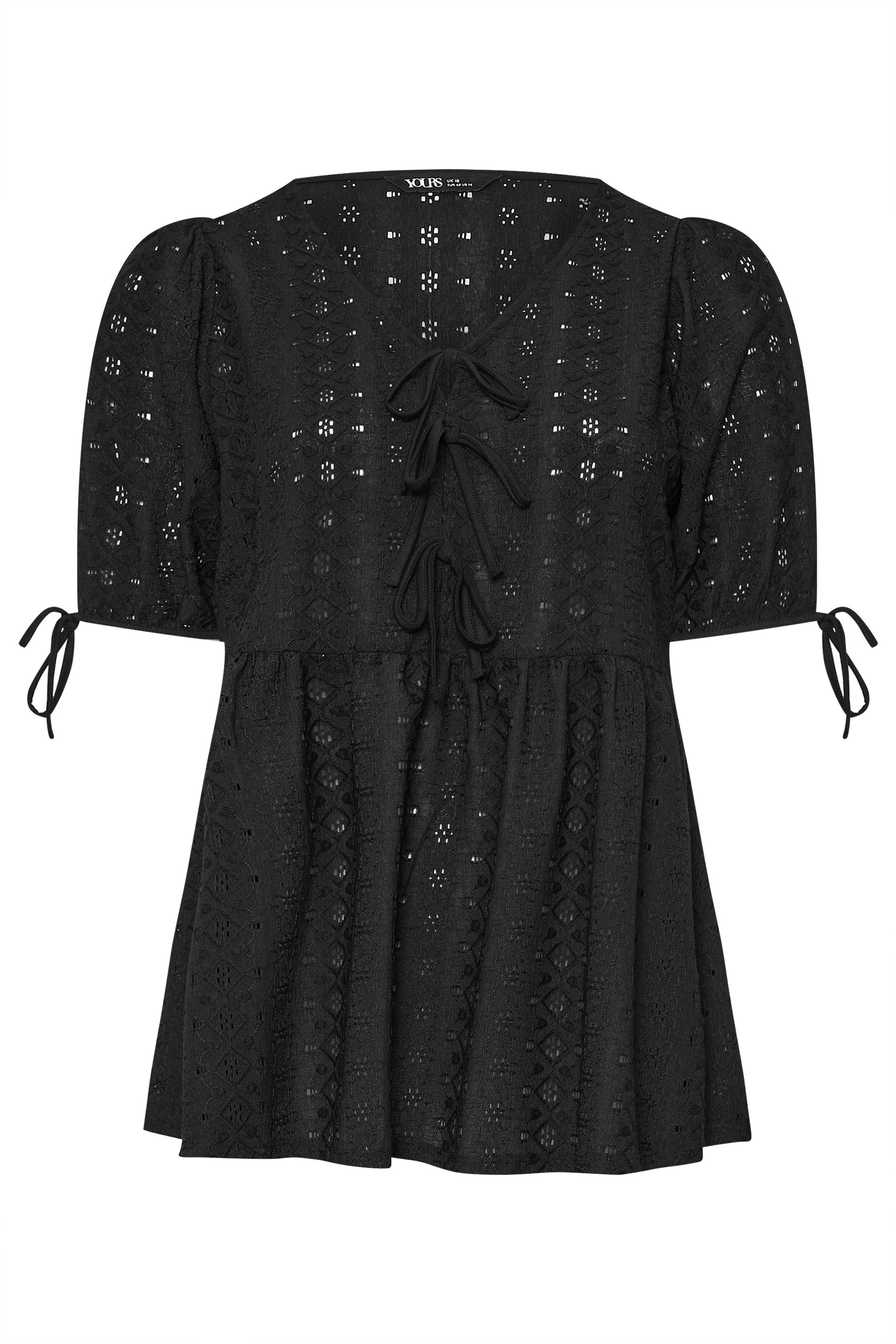 YOURS Plus Size Black Broderie Anglaise Bow Tie Front Peplum Top | Yours Clothing 6